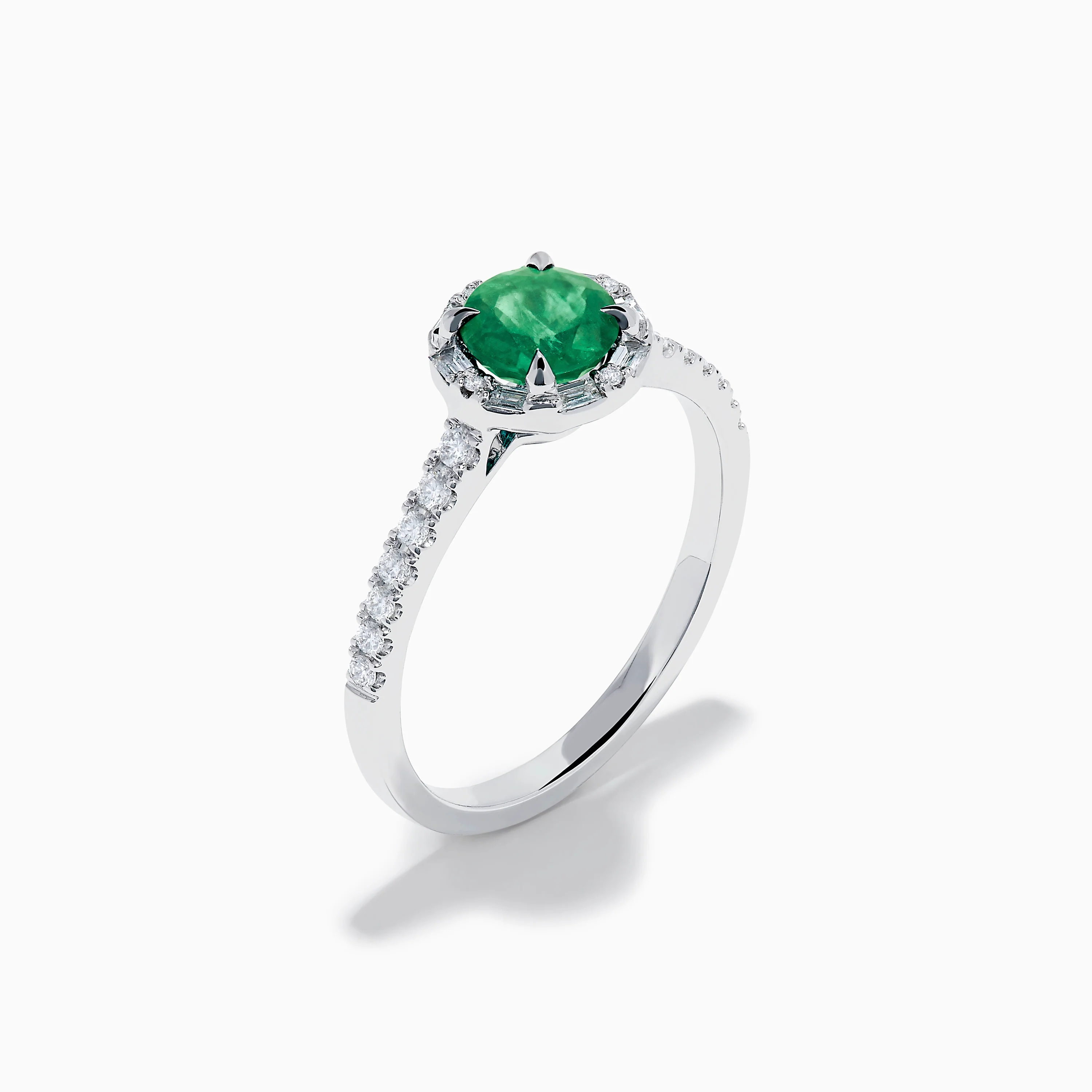 14K White Gold Emerald and Diamond Baguette Halo Ring - Image 4