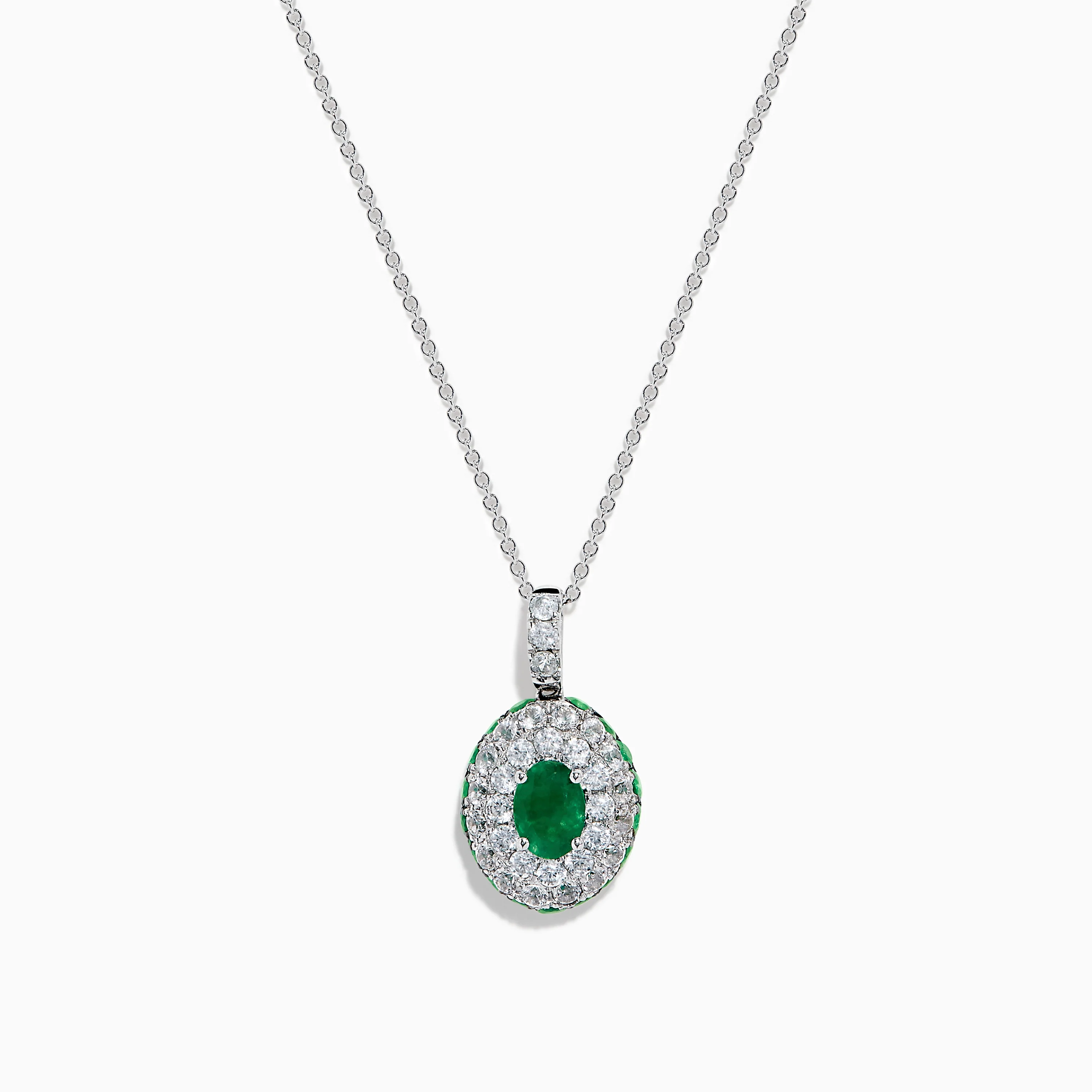 14K White Gold Emerald and White Sapphire Halo Pendant