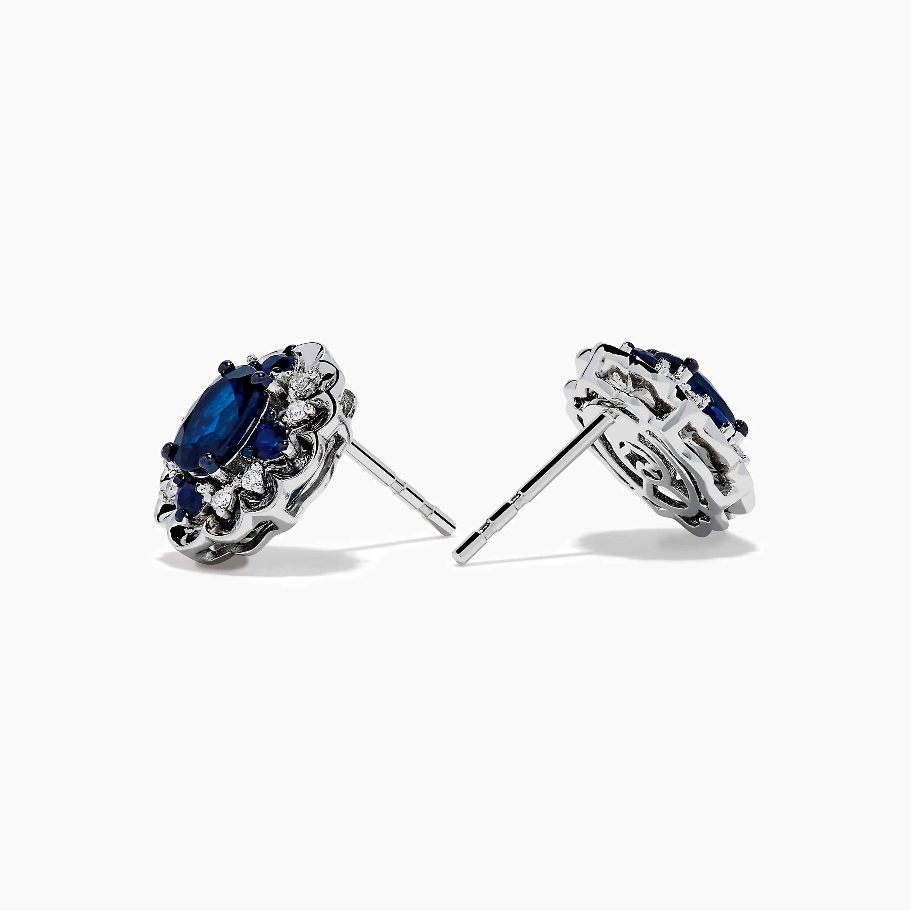14K White Gold Sapphire and Diamond Vintage Halo Stud Earrings - Image 2