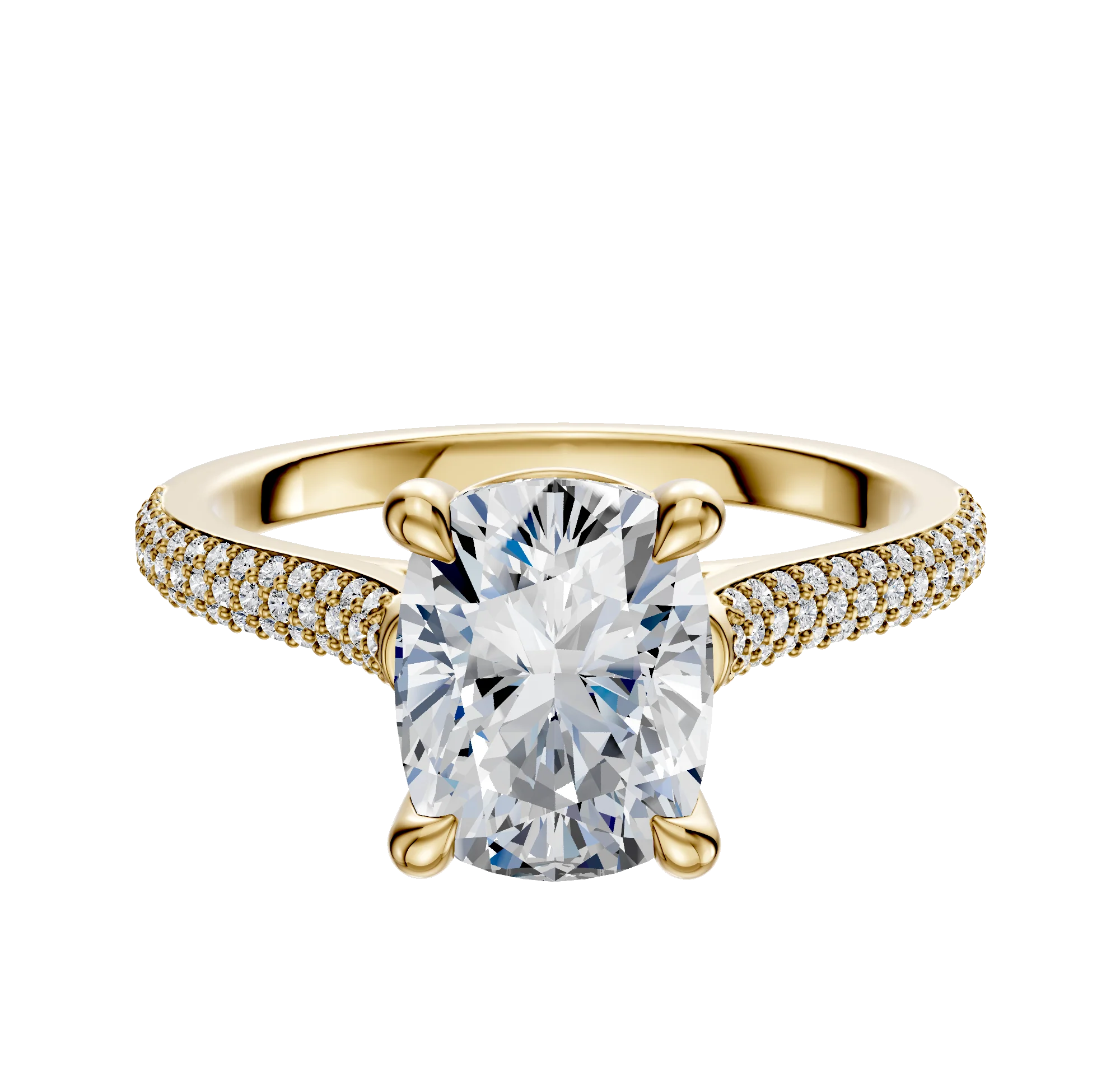 14K Yellow Gold 4 Prong Basket Cathedral Dome 3-Row-Pave 2.0mm Engagement Ring
