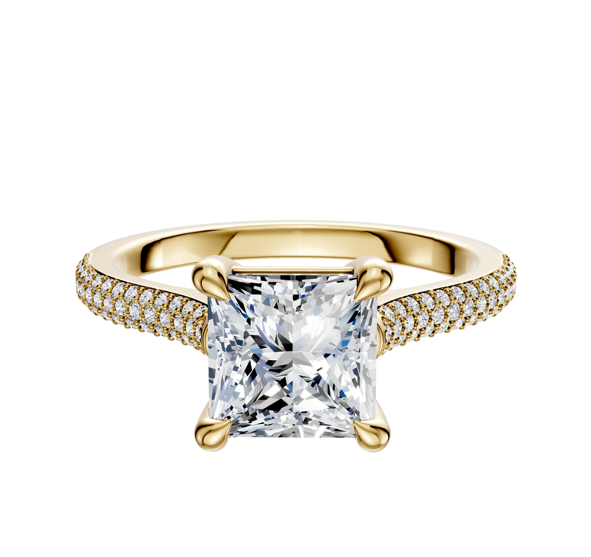 14K Yellow Gold 4 Prong Basket Cathedral Dome 3-Row-Pave 2.0mm Engagement Ring