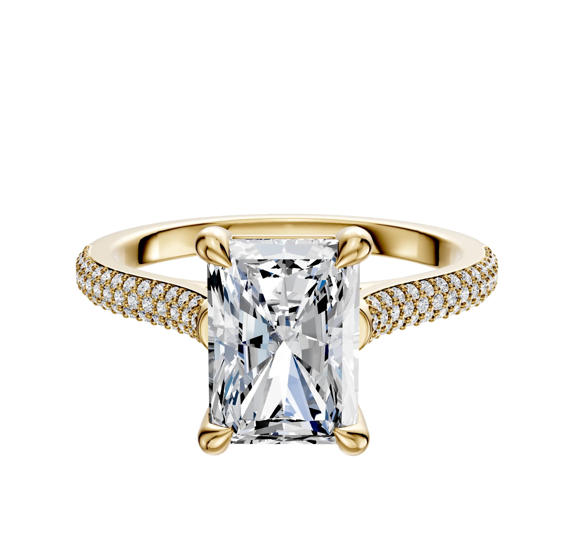 14K Yellow Gold 4 Prong Basket Cathedral Dome 3-Row-Pave 2.0mm Engagement Ring