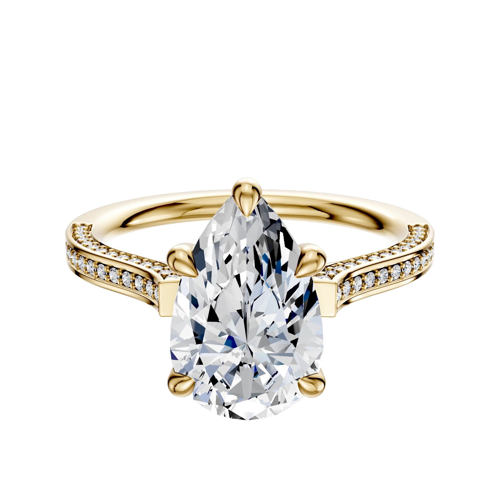 14K Yellow Gold 4 Prong Basket Cathedral Flat 3-Row-Pave 2.0mm Engagement Ring
