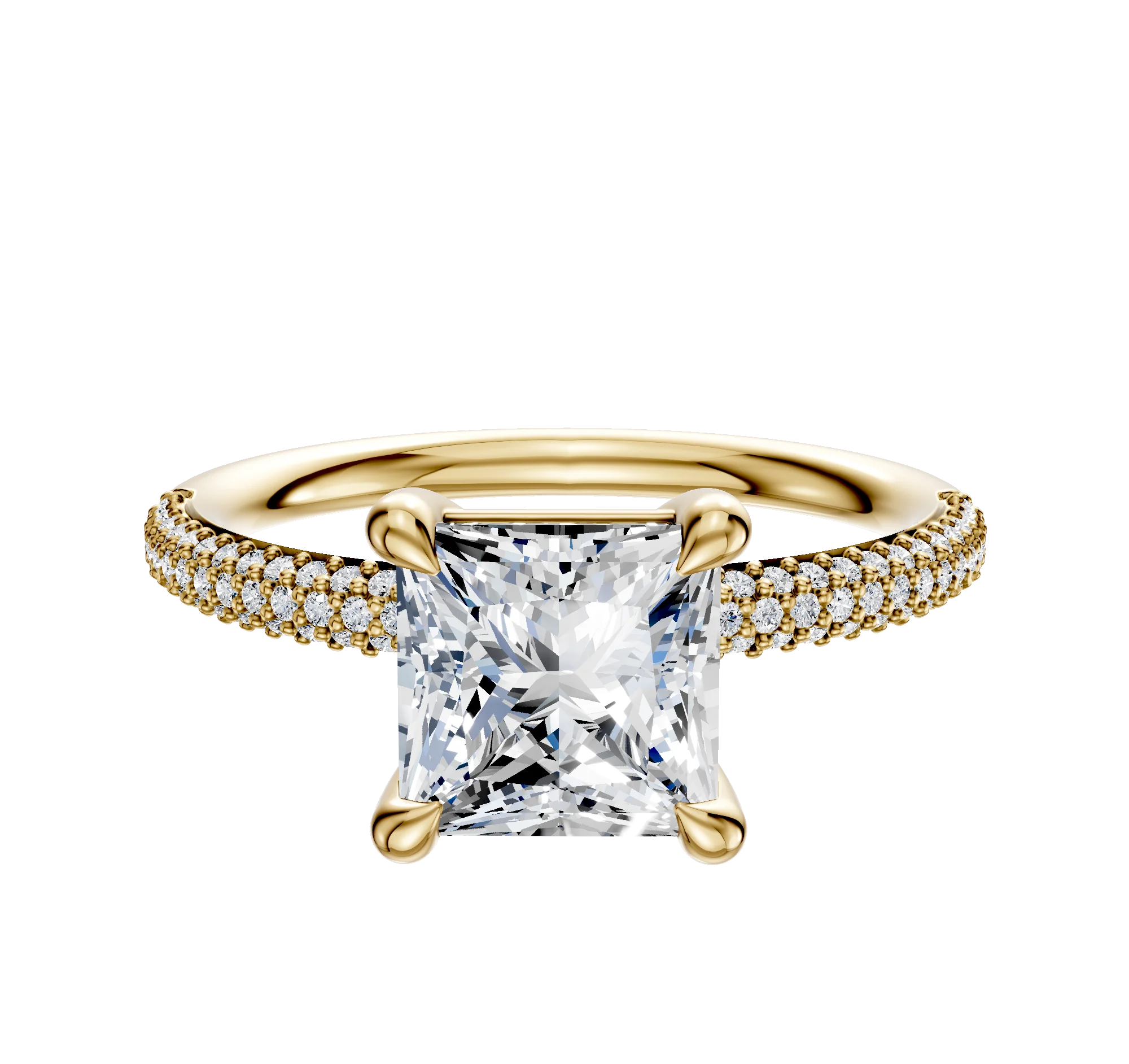 14K Yellow Gold 4 Prong Basket Classic Dome 3-Row-Pave 2.0mm Engagement Ring