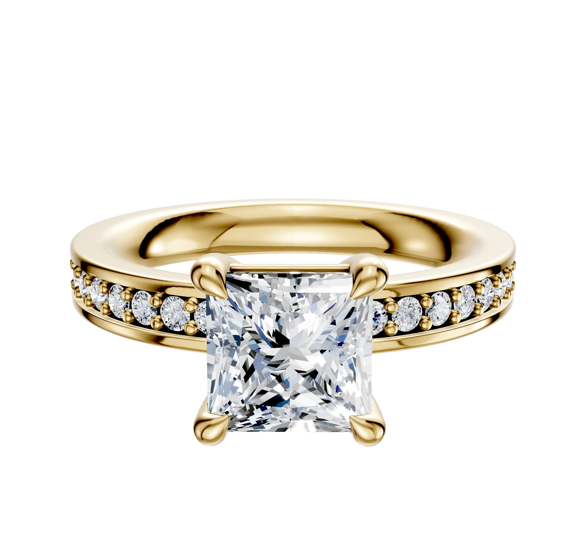 14K Yellow Gold 4 Prong Basket Classic Flat 1-Row-Pave 2.5mm Engagement Ring