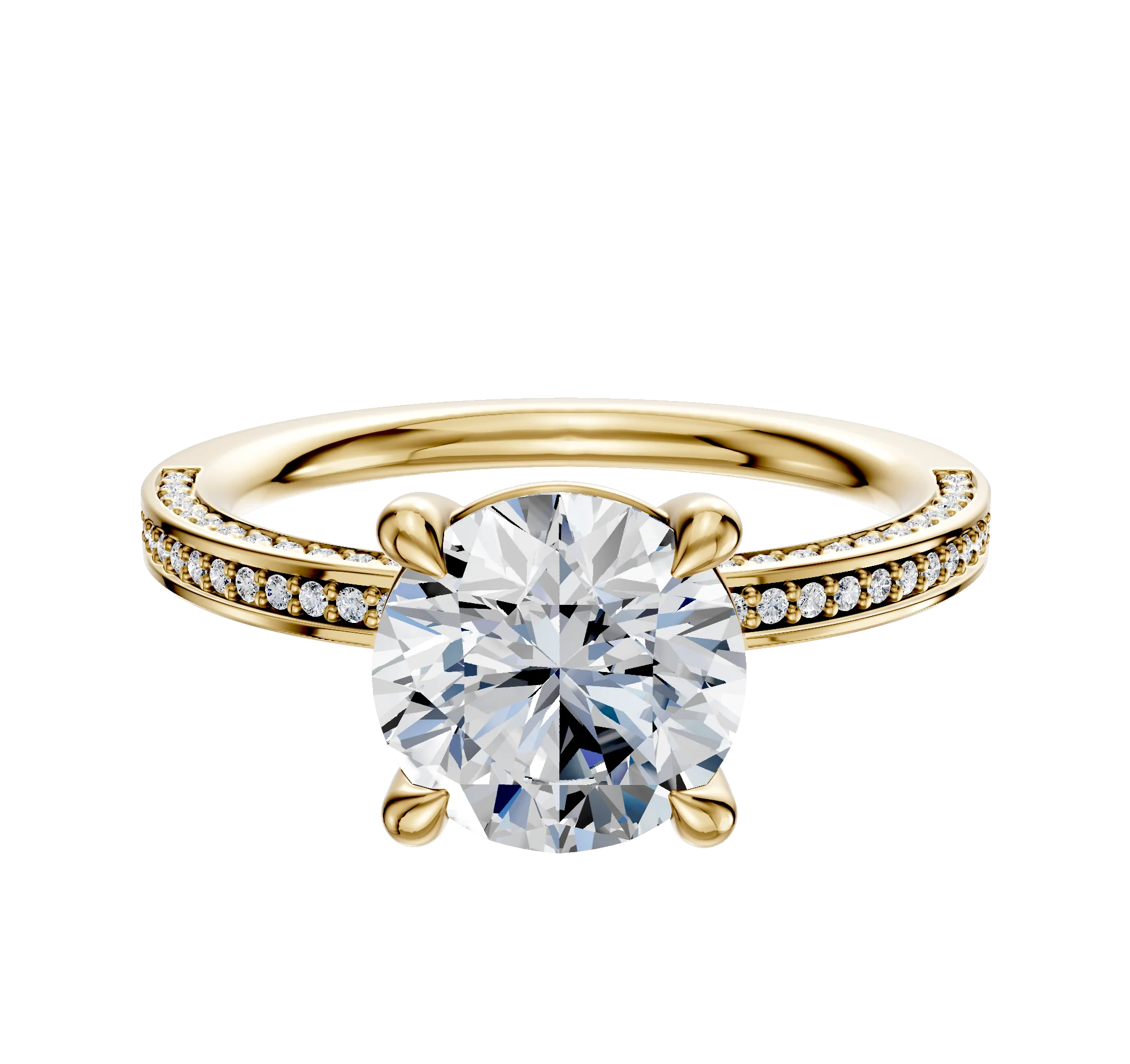 14K Yellow Gold 4 Prong Basket Classic Flat 3-Row-Pave 2.0mm Engagement Ring