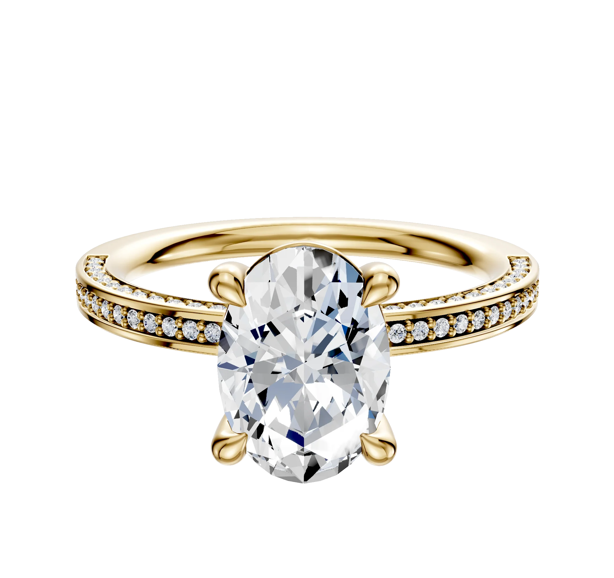 14K Yellow Gold 4 Prong Basket Classic Flat 3-Row-Pave 2.0mm Engagement Ring