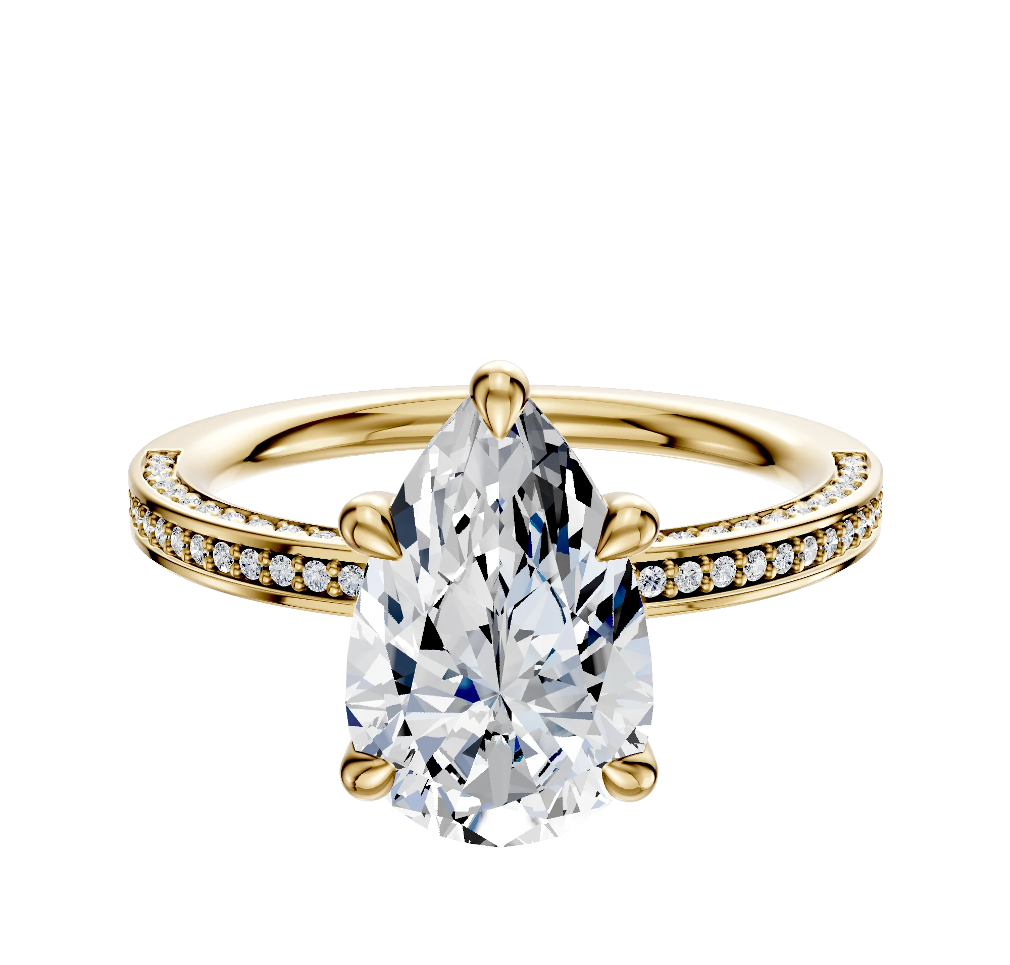 14K Yellow Gold 4 Prong Basket Classic Flat 3-Row-Pave 2.0mm Engagement Ring