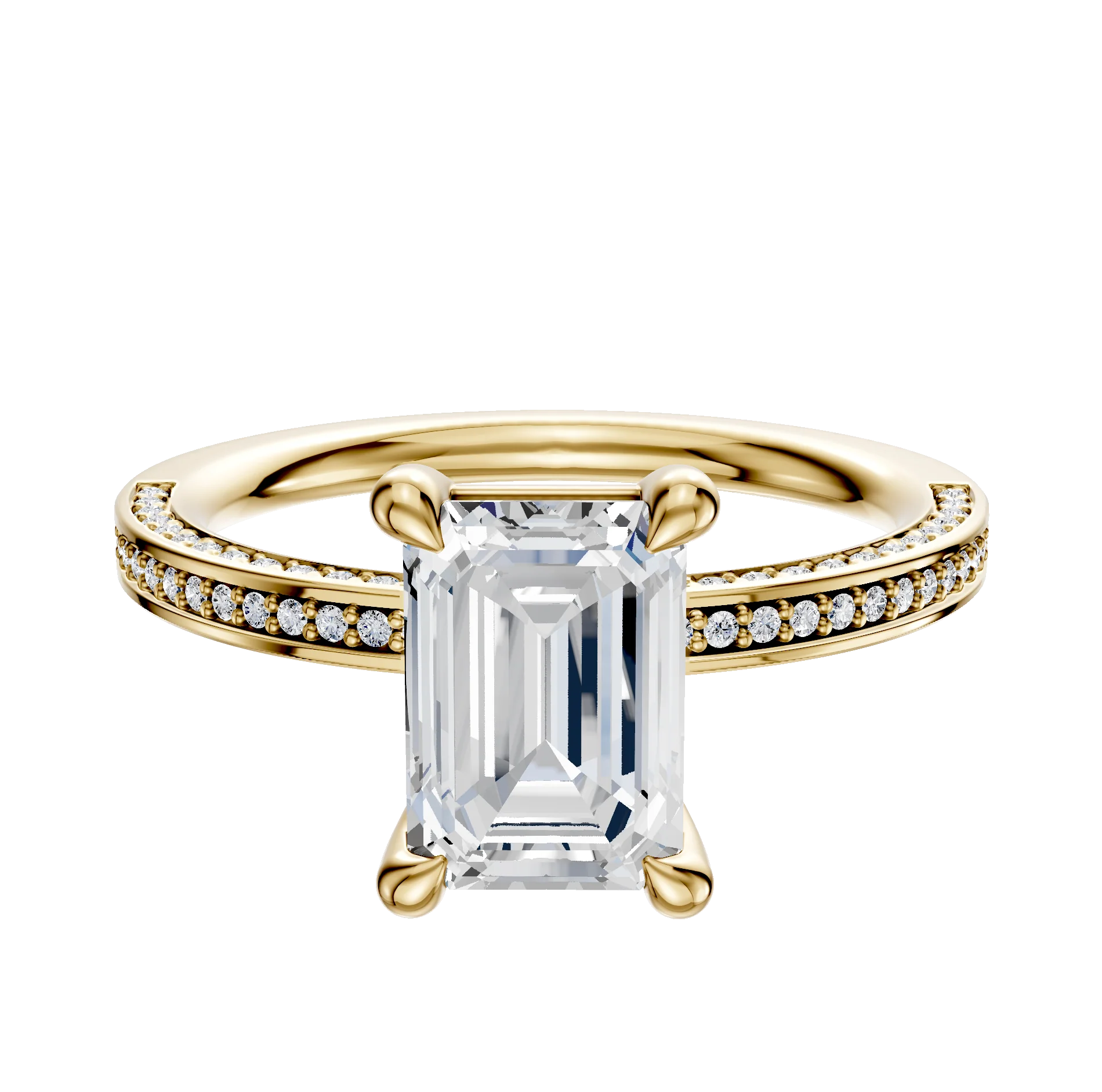 14K Yellow Gold 4 Prong Basket Classic Flat 3-Row-Pave 2.0mm Engagement Ring