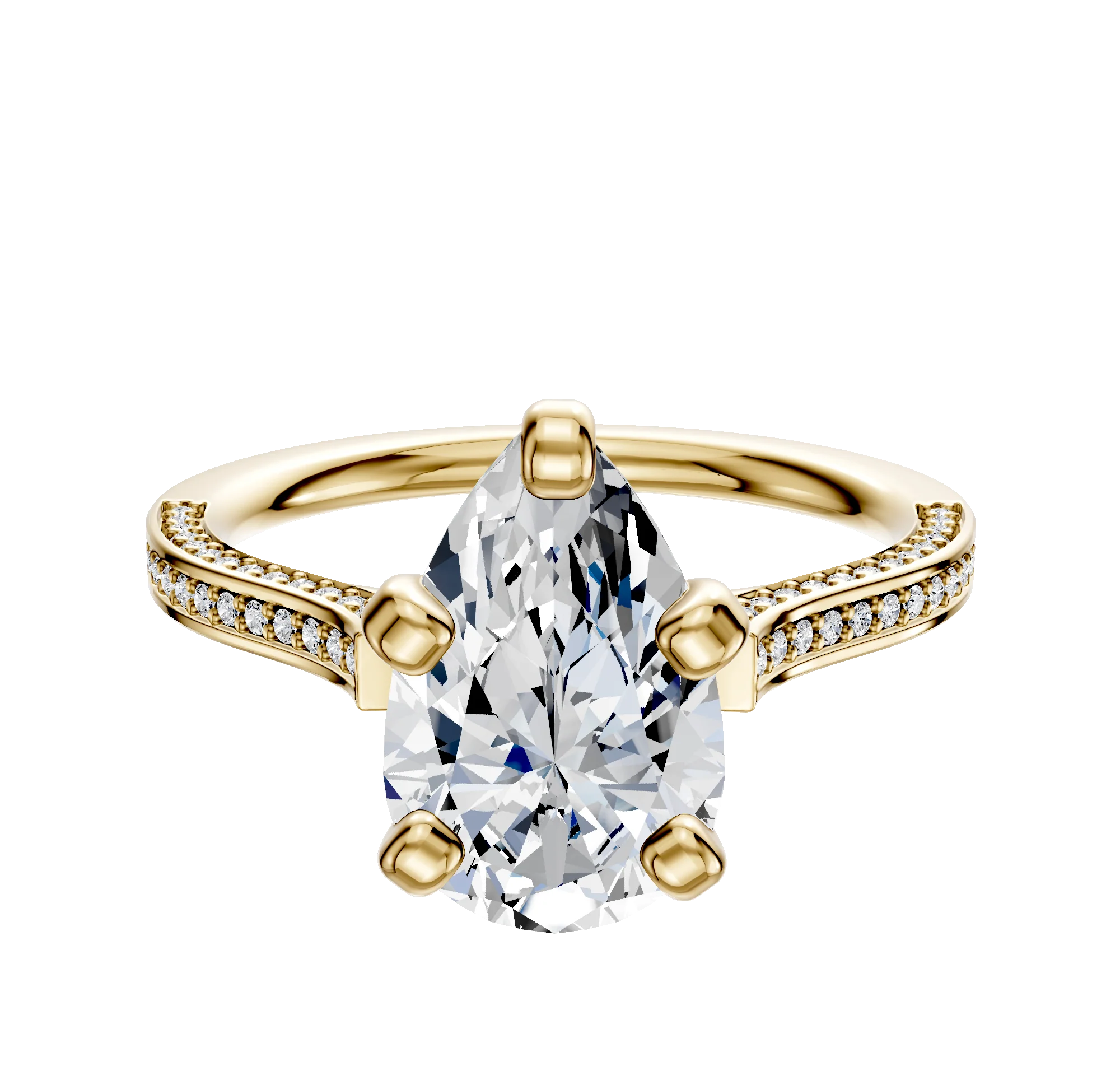 14K Yellow Gold 4 Prong Cathedral Flat 3-Row-Pave 2.0mm Engagement Ring