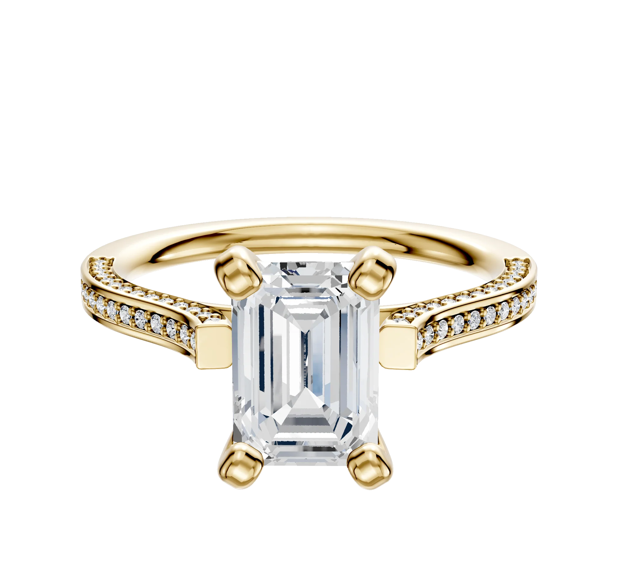 14K Yellow Gold 4 Prong Cathedral Flat 3-Row-Pave 2.0mm Engagement Ring