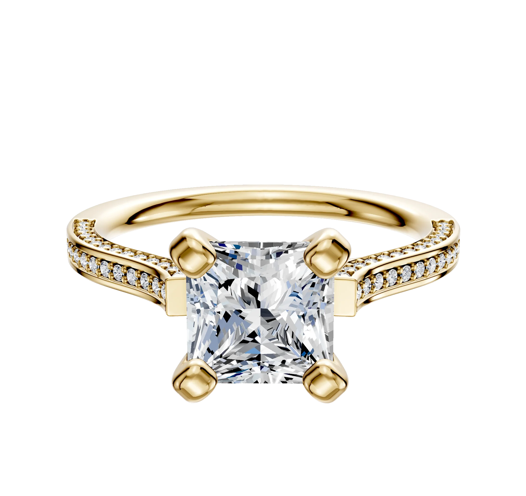 14K Yellow Gold 4 Prong Cathedral Flat 3-Row-Pave 2.0mm Engagement Ring