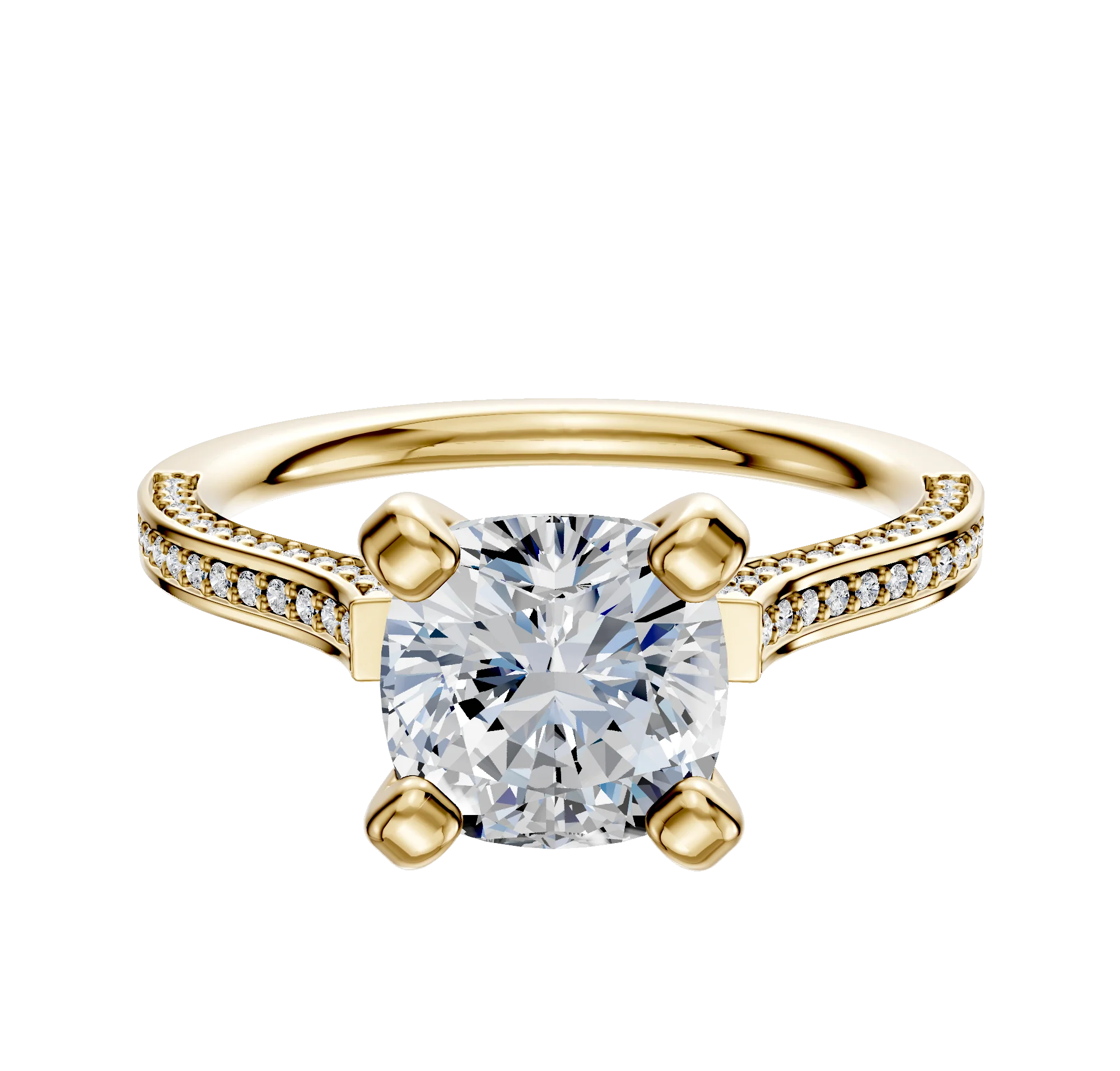14K Yellow Gold 4 Prong Cathedral Flat 3-Row-Pave 2.0mm Engagement Ring