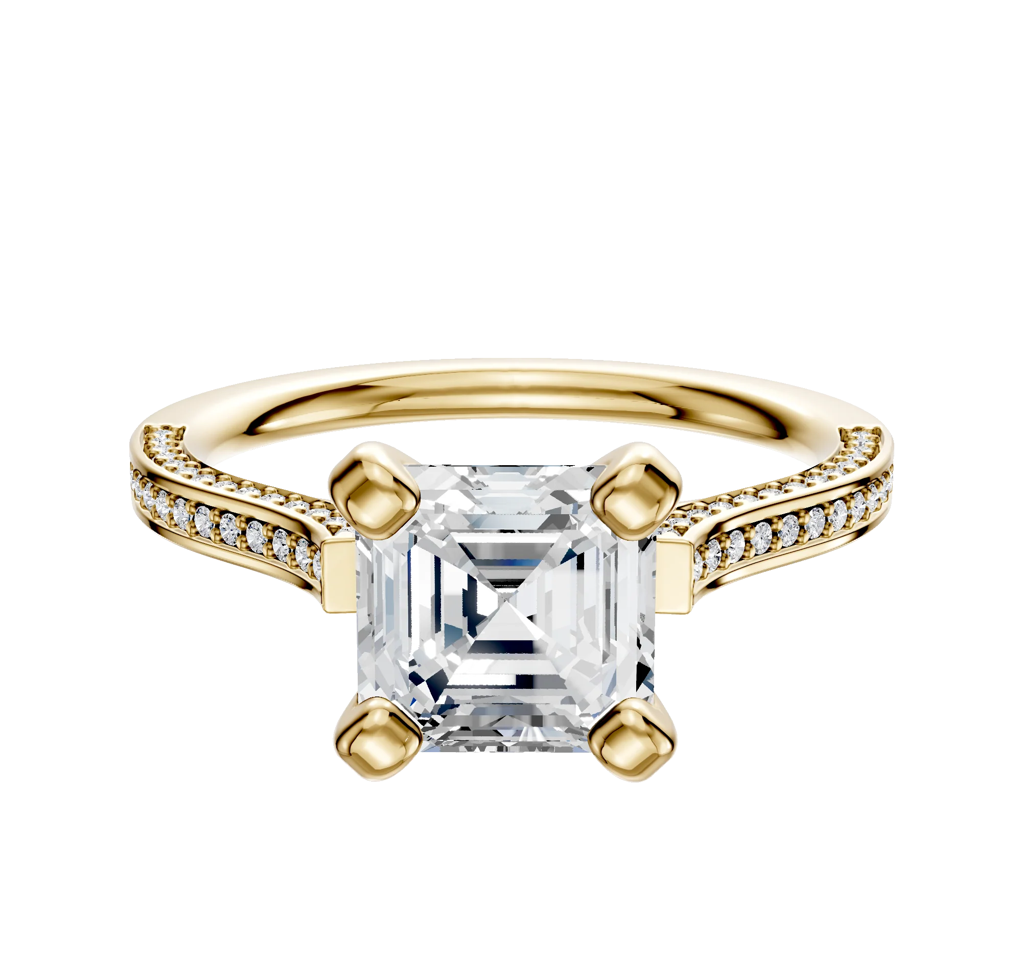 14K Yellow Gold 4 Prong Cathedral Flat 3-Row-Pave 2.0mm Engagement Ring