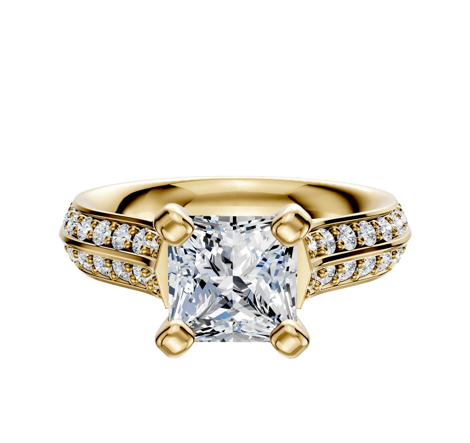 14K Yellow Gold 4 Prong Cathedral Knife Edge 1-Row-Pave 2.5mm Engagement Ring