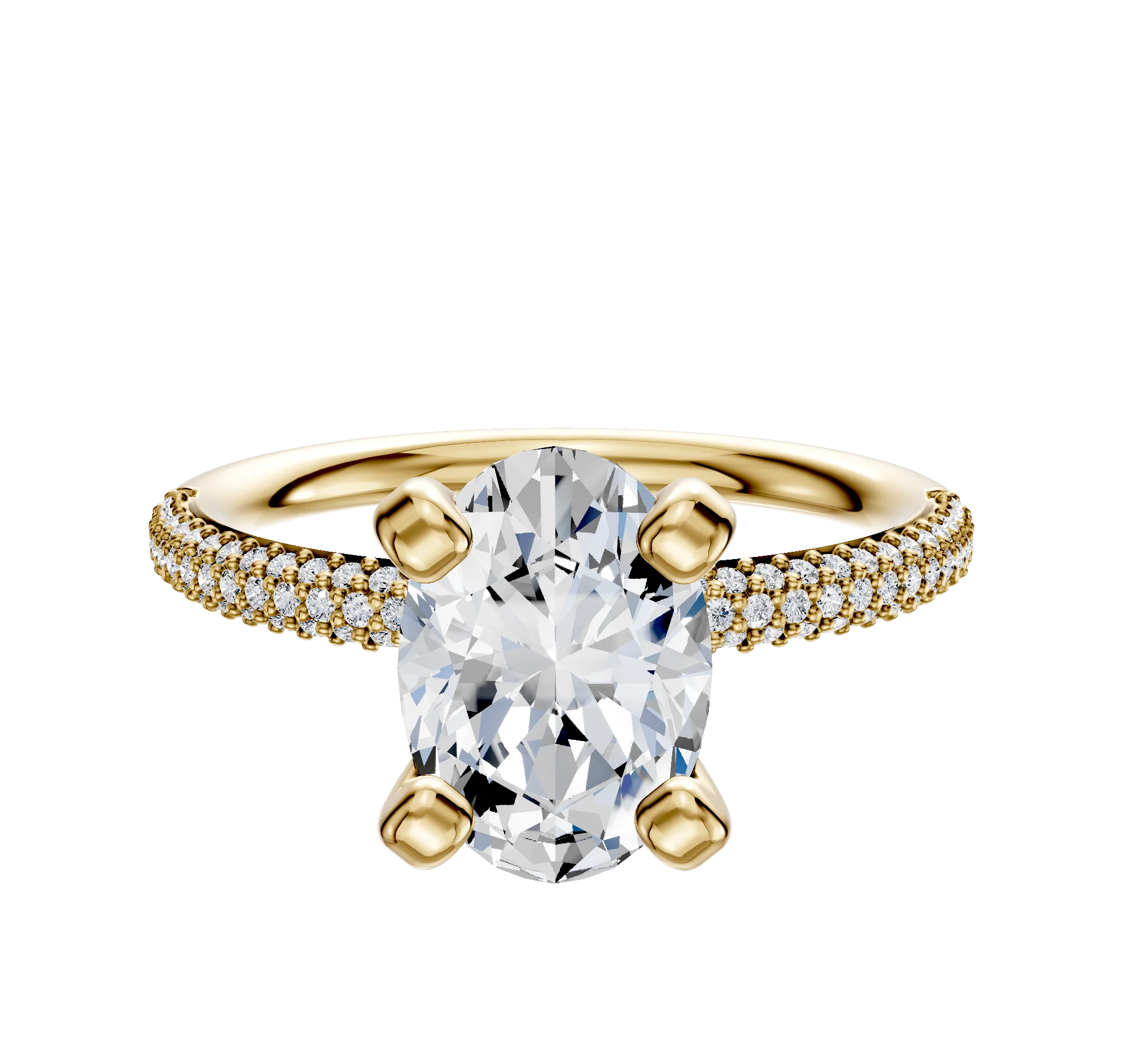 14K Yellow Gold 4 Prong Classic Dome 3-Row-Pave 2.0mm Engagement Ring