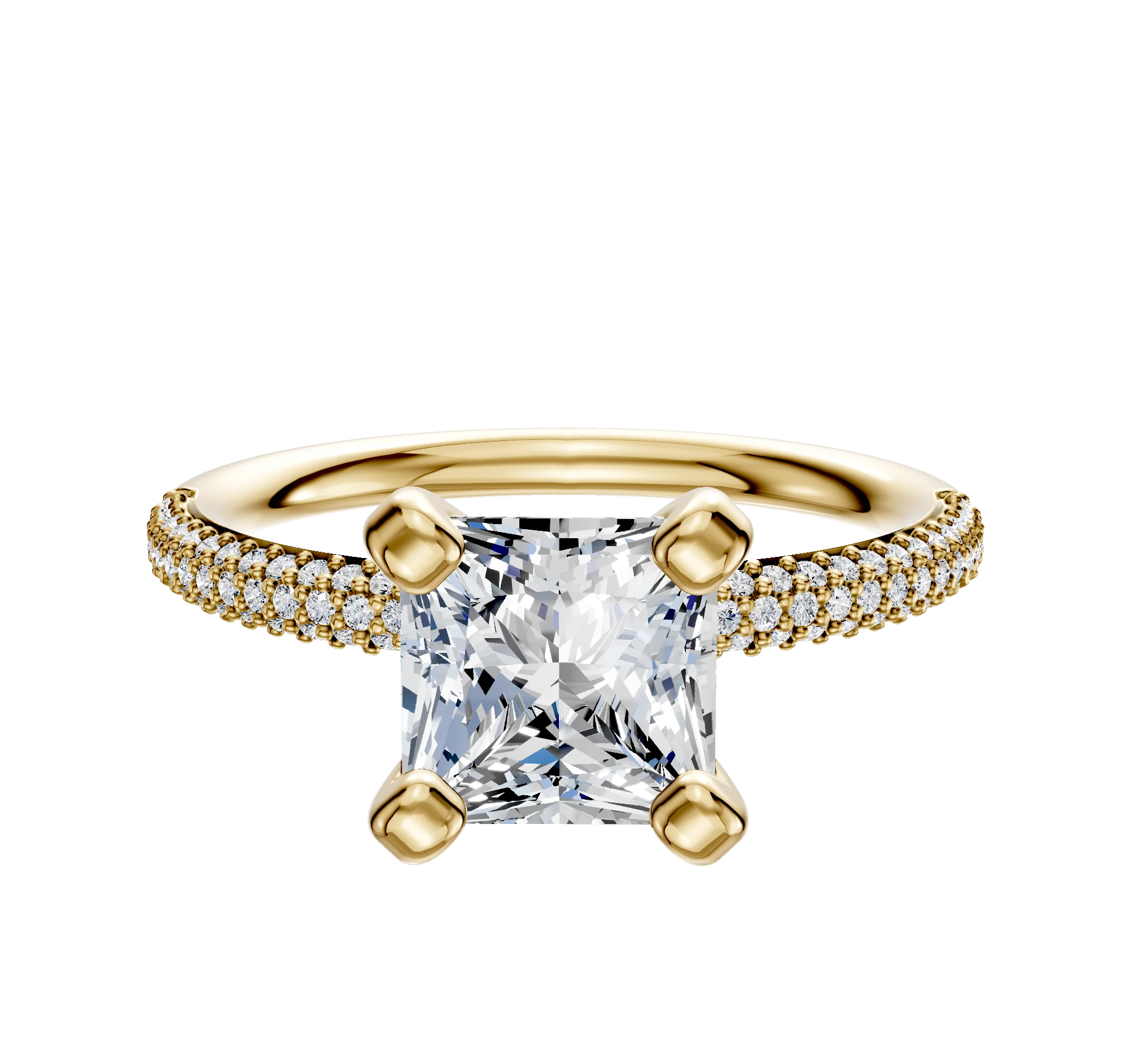 14K Yellow Gold 4 Prong Classic Dome 3-Row-Pave 2.0mm Engagement Ring