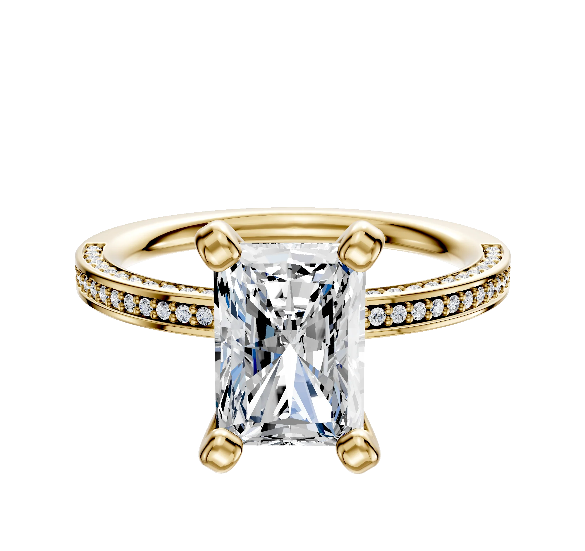 14K Yellow Gold 4 Prong Classic Flat 3-Row-Pave 2.0mm Engagement Ring