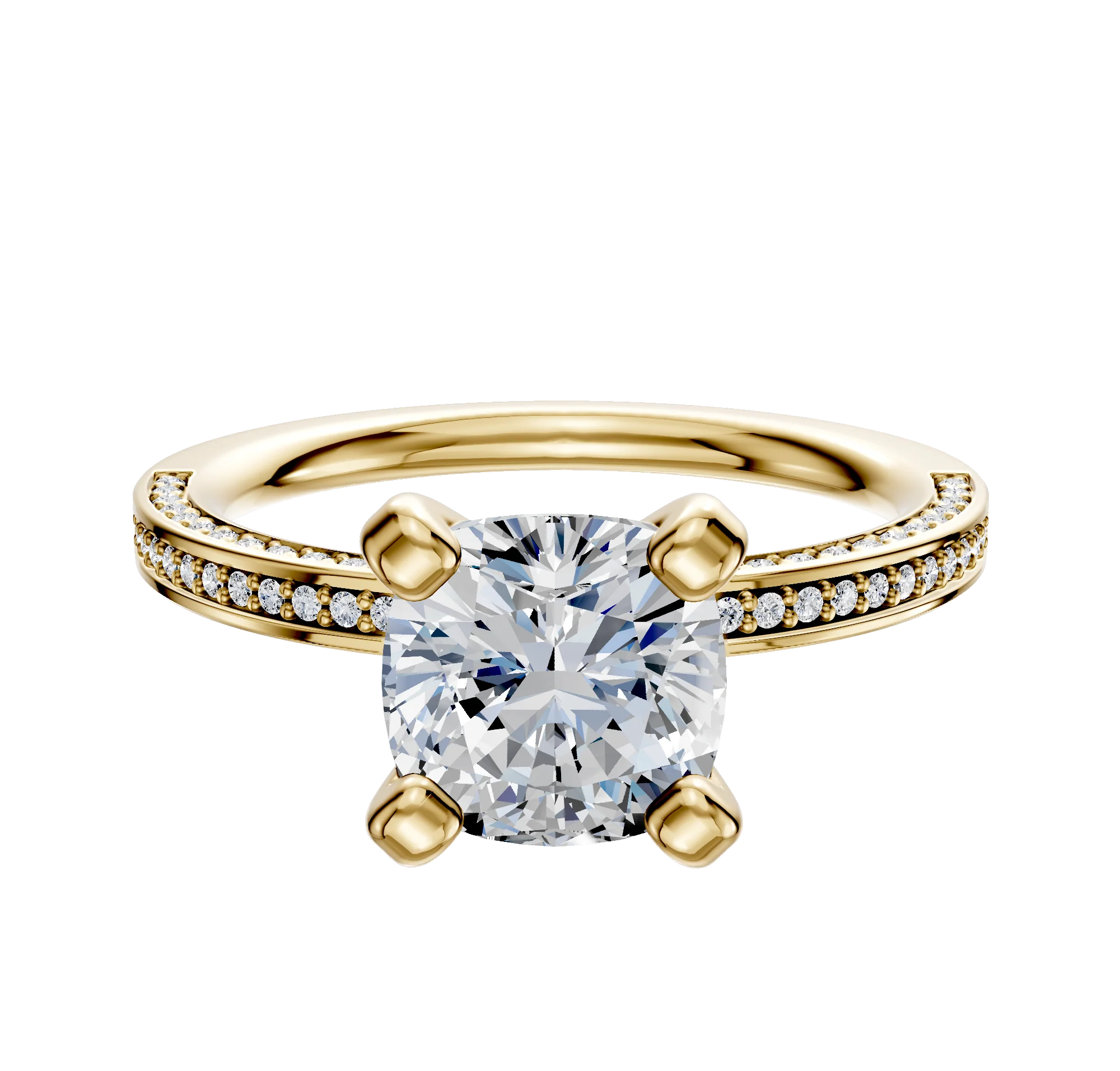 14K Yellow Gold 4 Prong Classic Flat 3-Row-Pave 2.0mm Engagement Ring