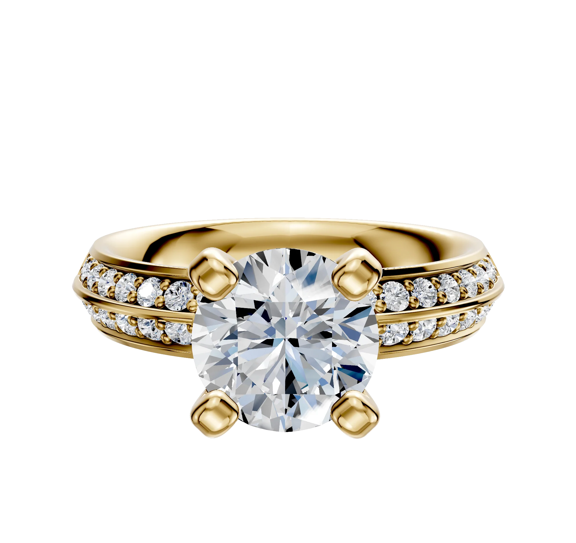 14K Yellow Gold 4 Prong Classic Knife Edge 1-Row-Pave 2.5mm Engagement Ring