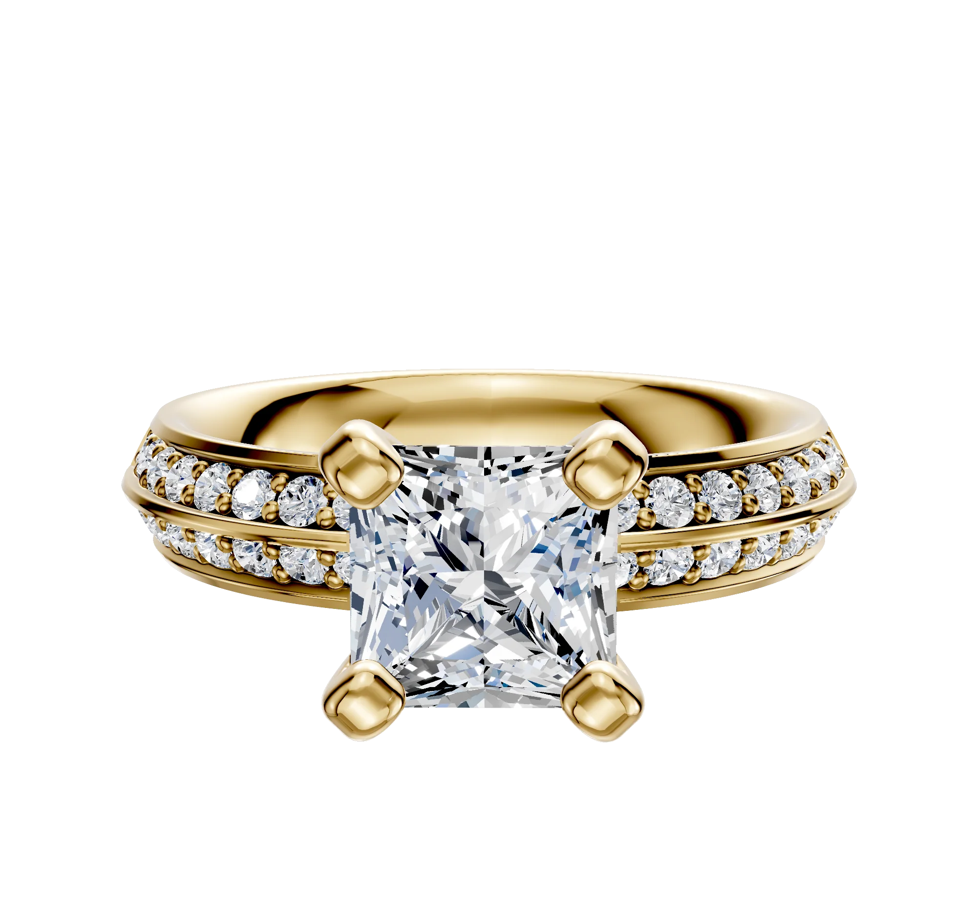 14K Yellow Gold 4 Prong Classic Knife Edge 1-Row-Pave 2.5mm Engagement Ring