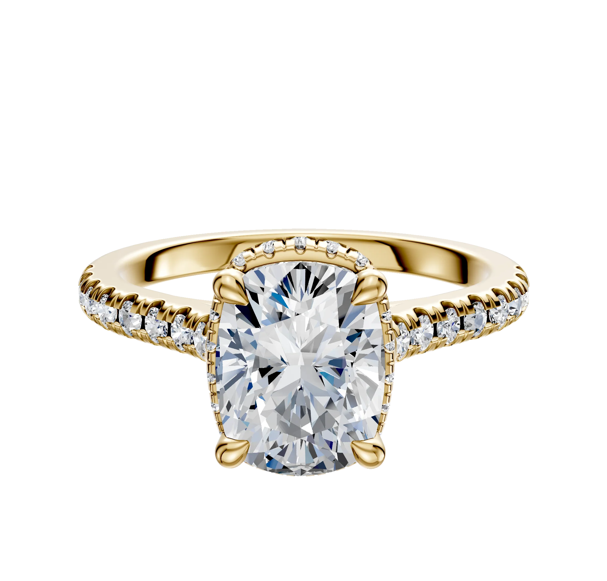 14K Yellow Gold 4 Prong Collar Cathedral Dome 1-Row-Pave 2.5mm Engagement Ring