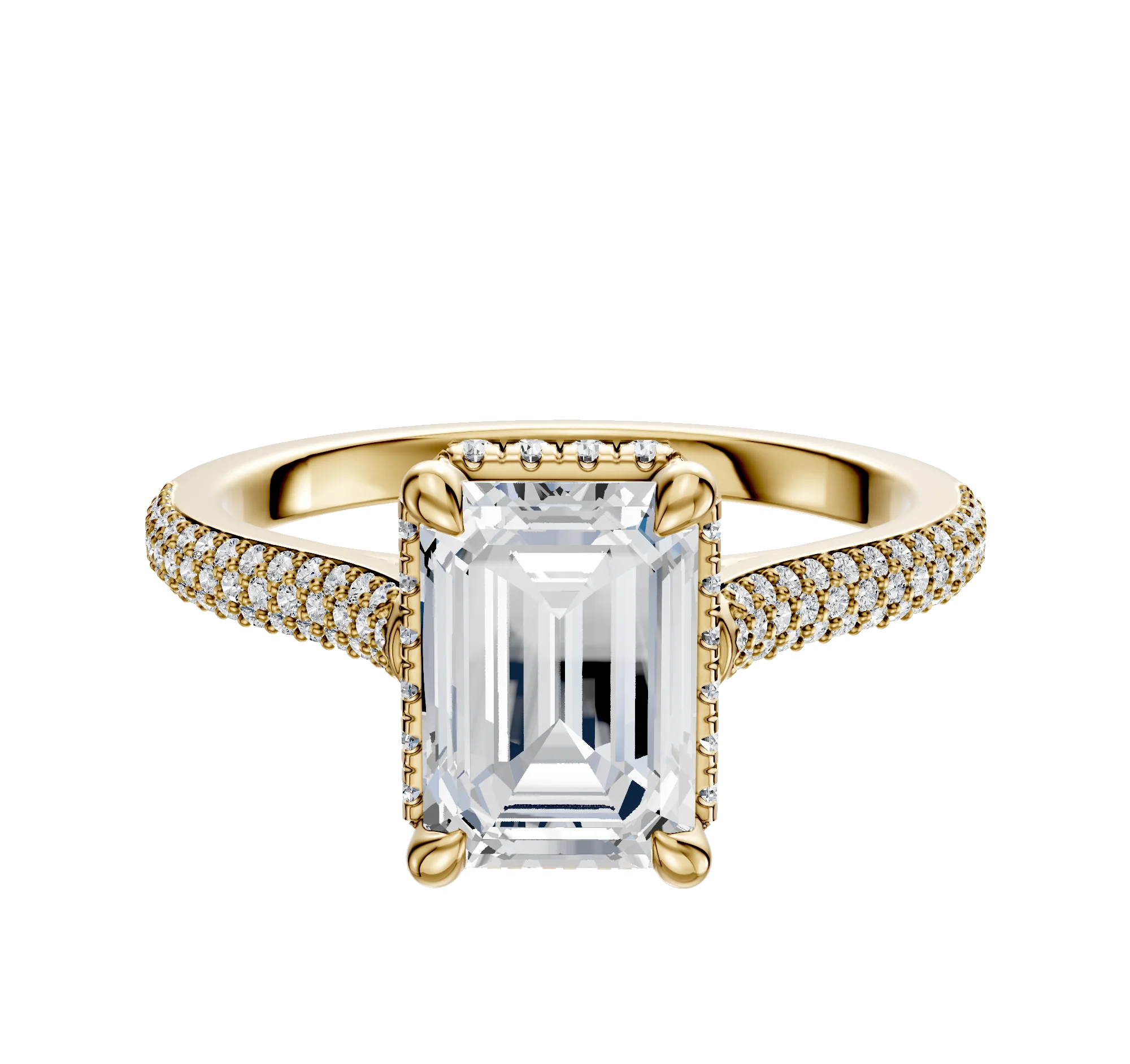 14K Yellow Gold 4 Prong Collar Cathedral Dome 3-Row-Pave 2.0mm Engagement Ring