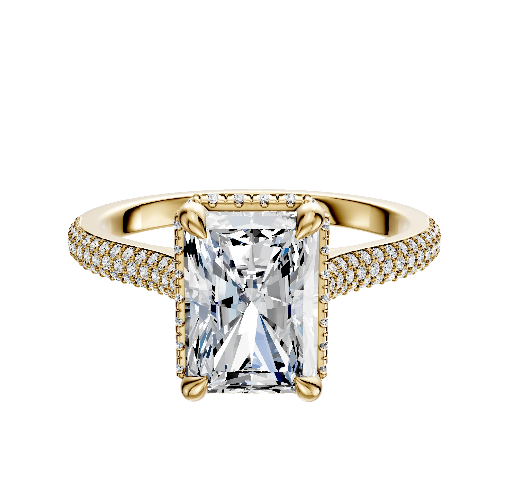 14K Yellow Gold 4 Prong Collar Cathedral Dome 3-Row-Pave 2.0mm Engagement Ring