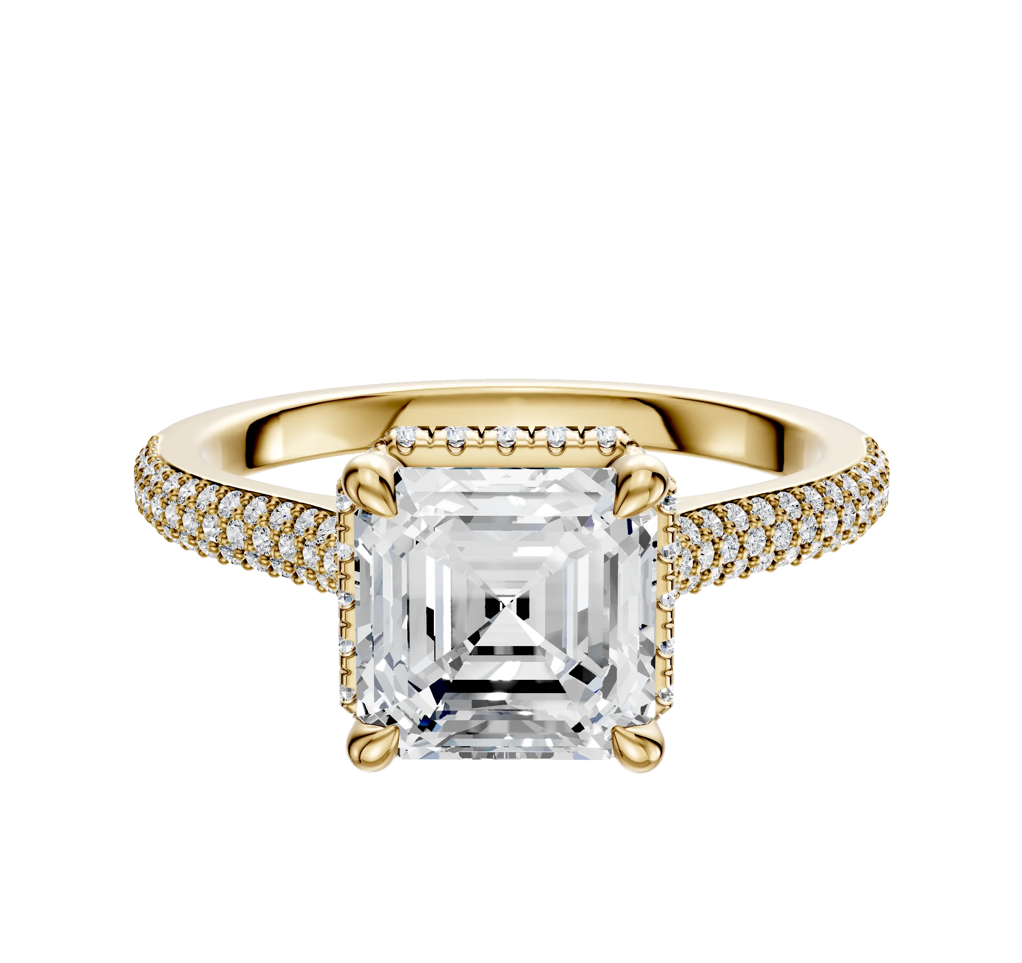 14K Yellow Gold 4 Prong Collar Cathedral Dome 3-Row-Pave 2.0mm Engagement Ring