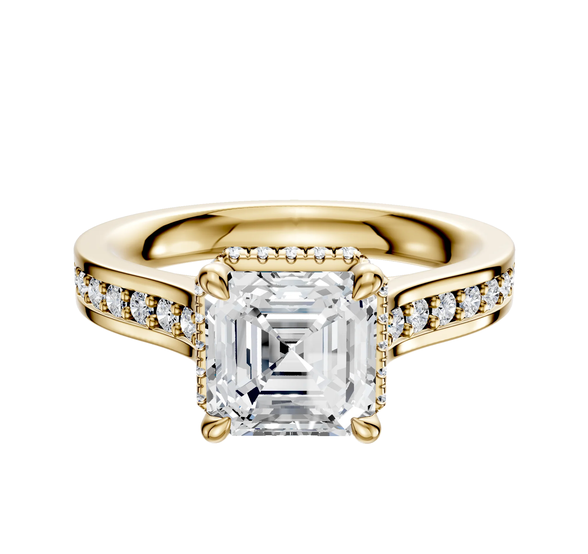 14K Yellow Gold 4 Prong Collar Cathedral Flat 1-Row-Pave 2.5mm Engagement Ring