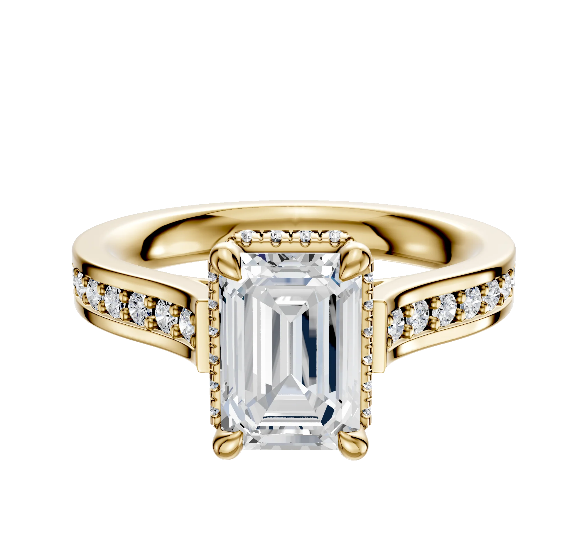 14K Yellow Gold 4 Prong Collar Cathedral Flat 1-Row-Pave 2.5mm Engagement Ring