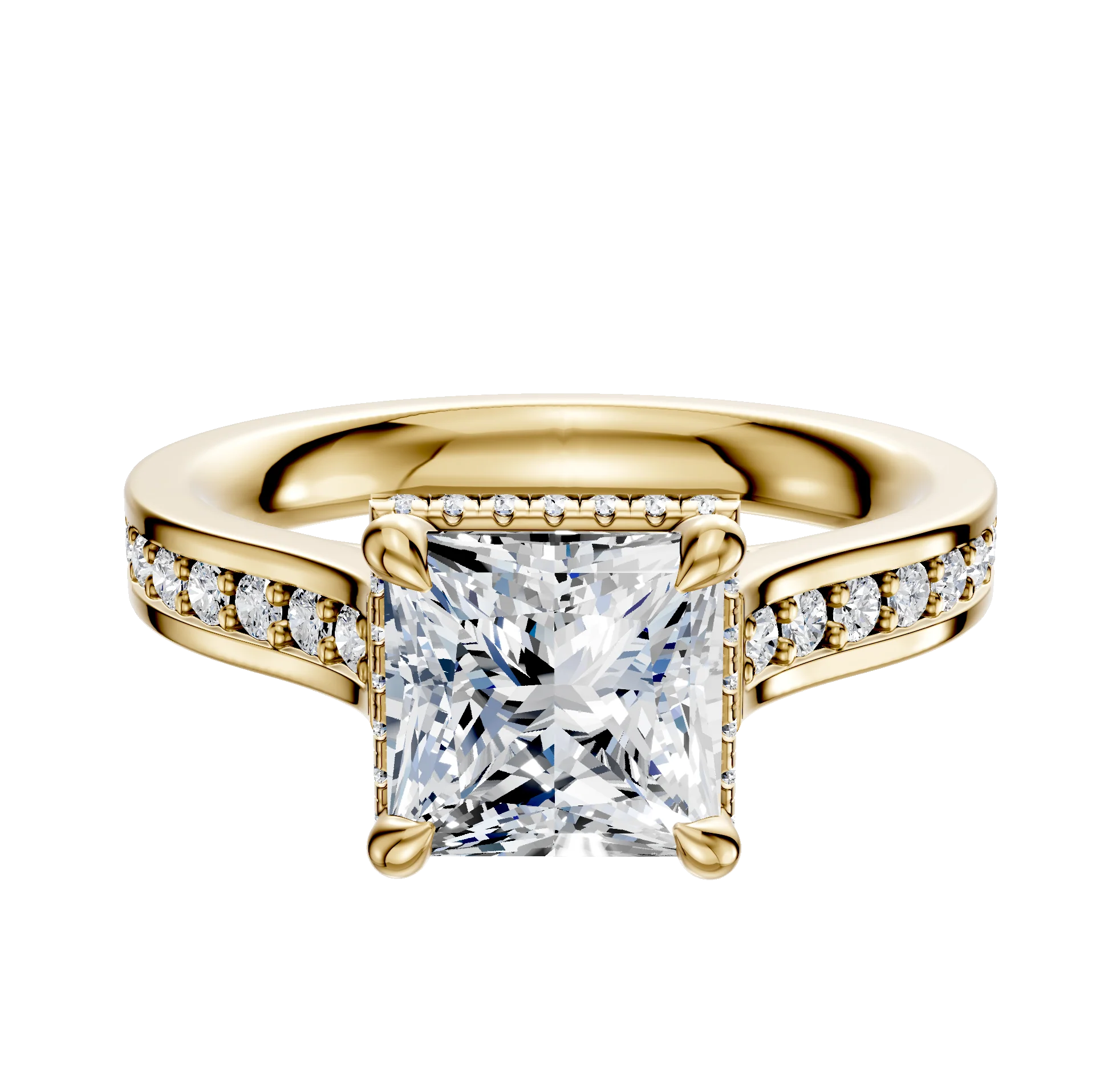 14K Yellow Gold 4 Prong Collar Cathedral Flat 1-Row-Pave 2.5mm Engagement Ring