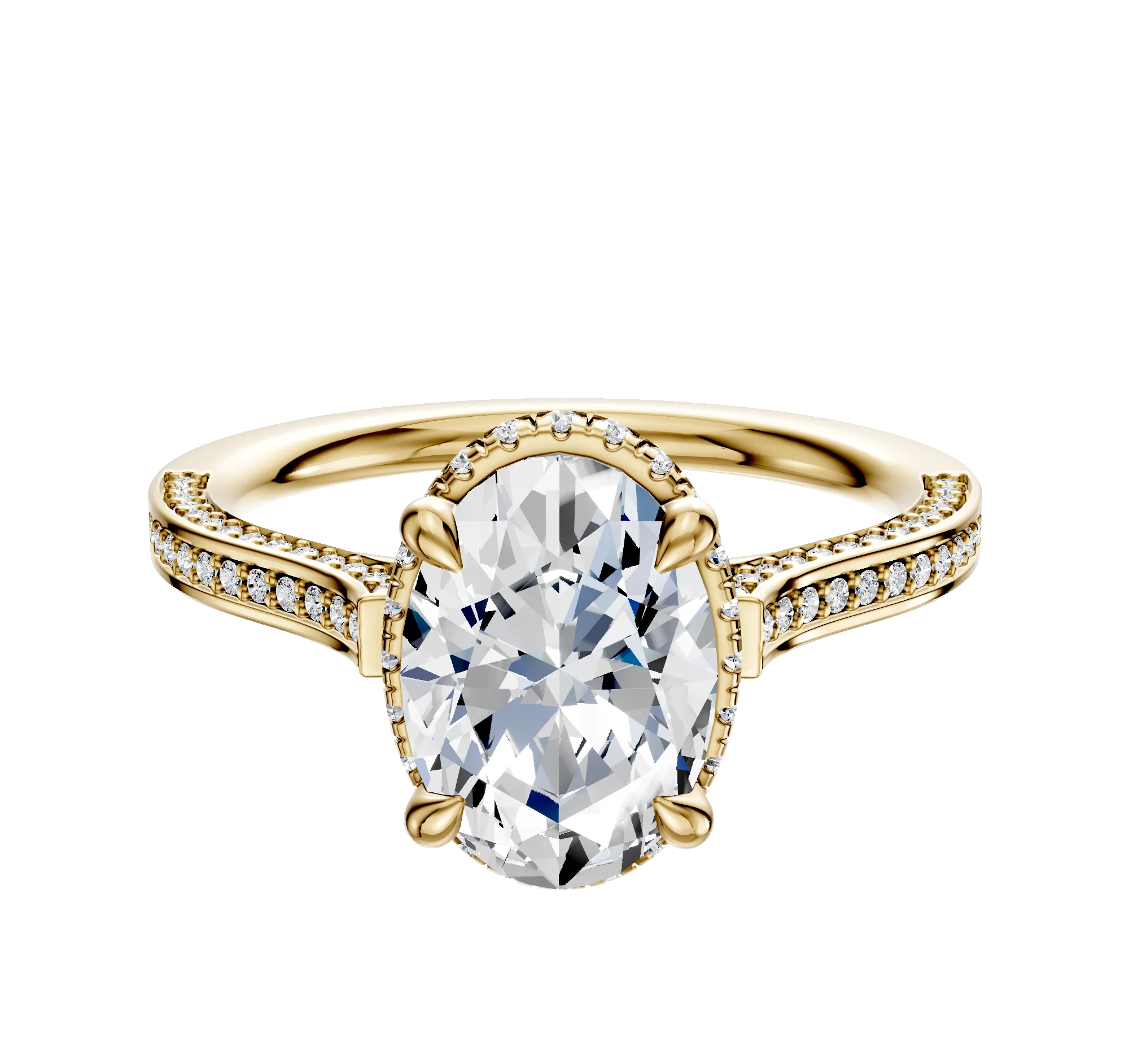 14K Yellow Gold 4 Prong Collar Cathedral Flat 3-Row-Pave 2.0mm Engagement Ring