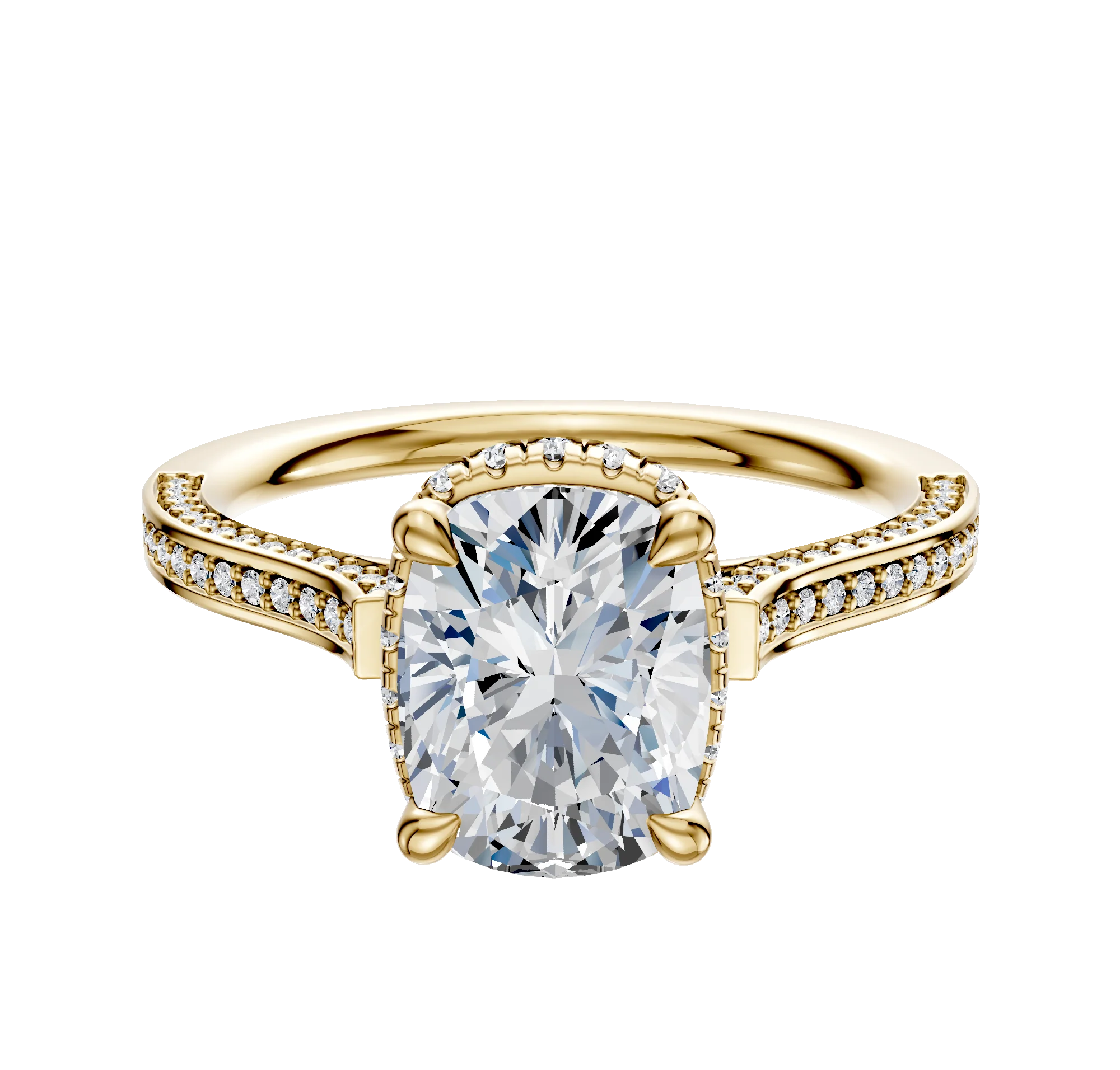 14K Yellow Gold 4 Prong Collar Cathedral Flat 3-Row-Pave 2.0mm Engagement Ring