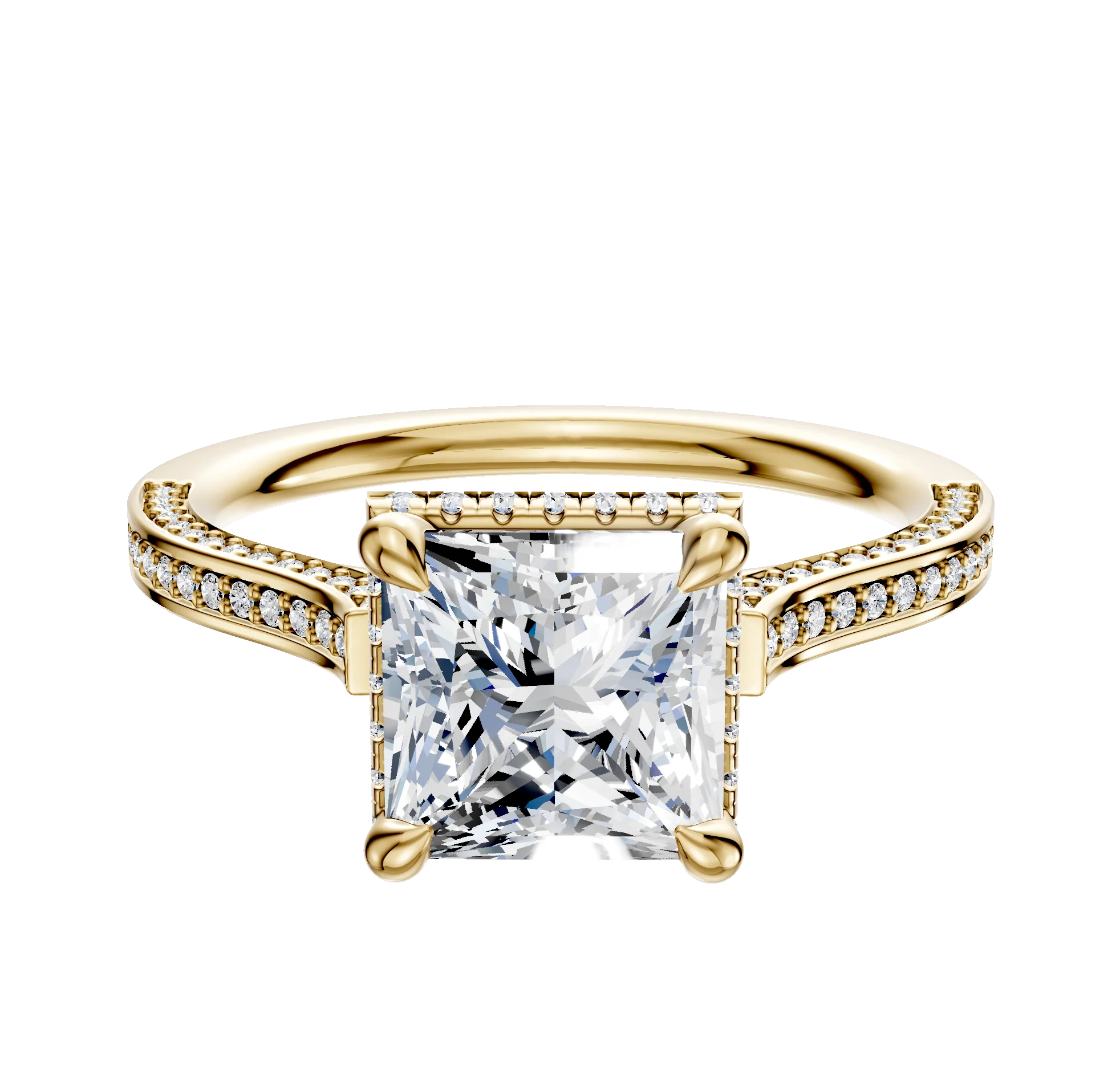 14K Yellow Gold 4 Prong Collar Cathedral Flat 3-Row-Pave 2.0mm Engagement Ring