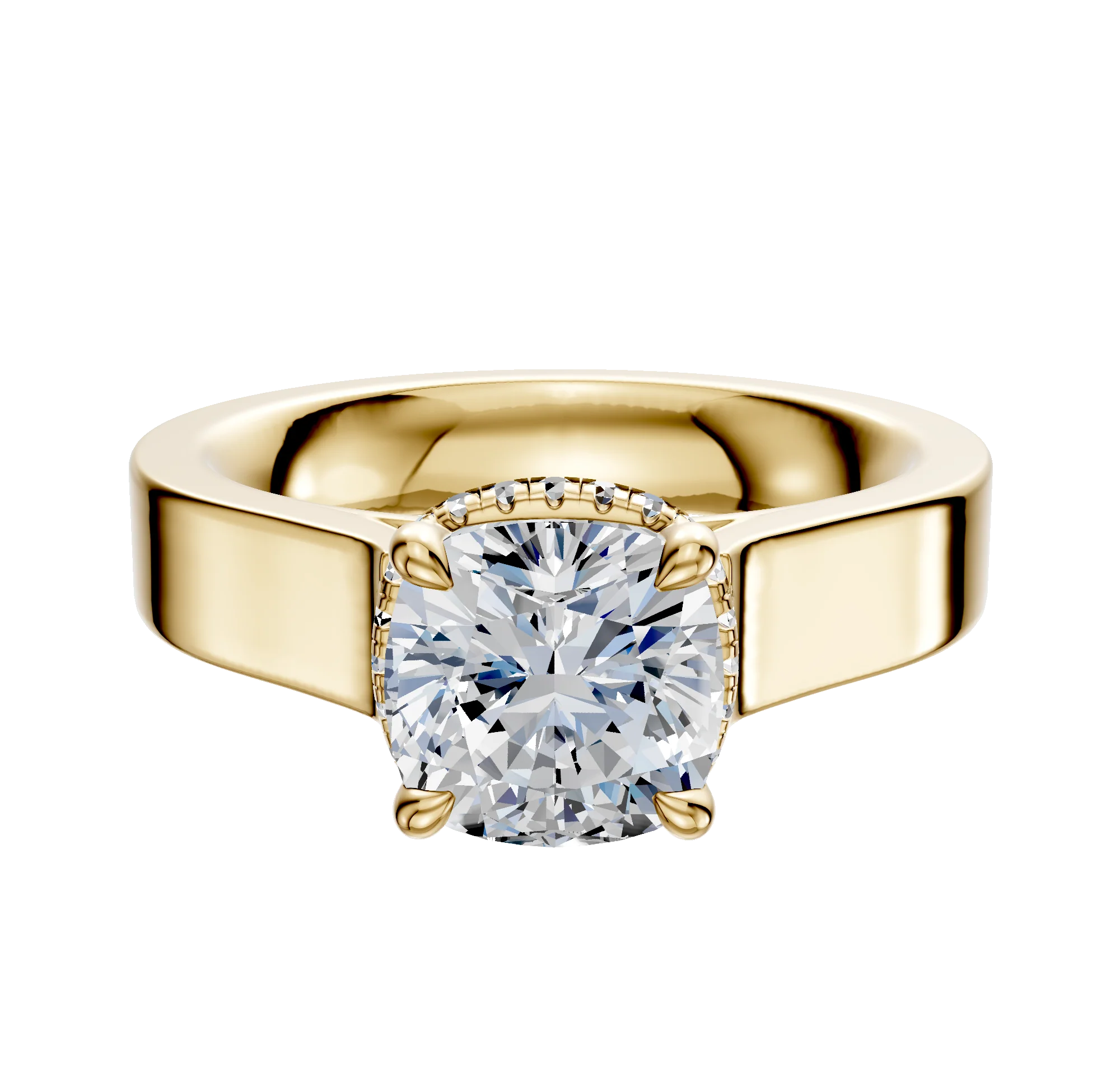 14K Yellow Gold 4 Prong Collar Cathedral Flat 4.0mm Engagement Ring