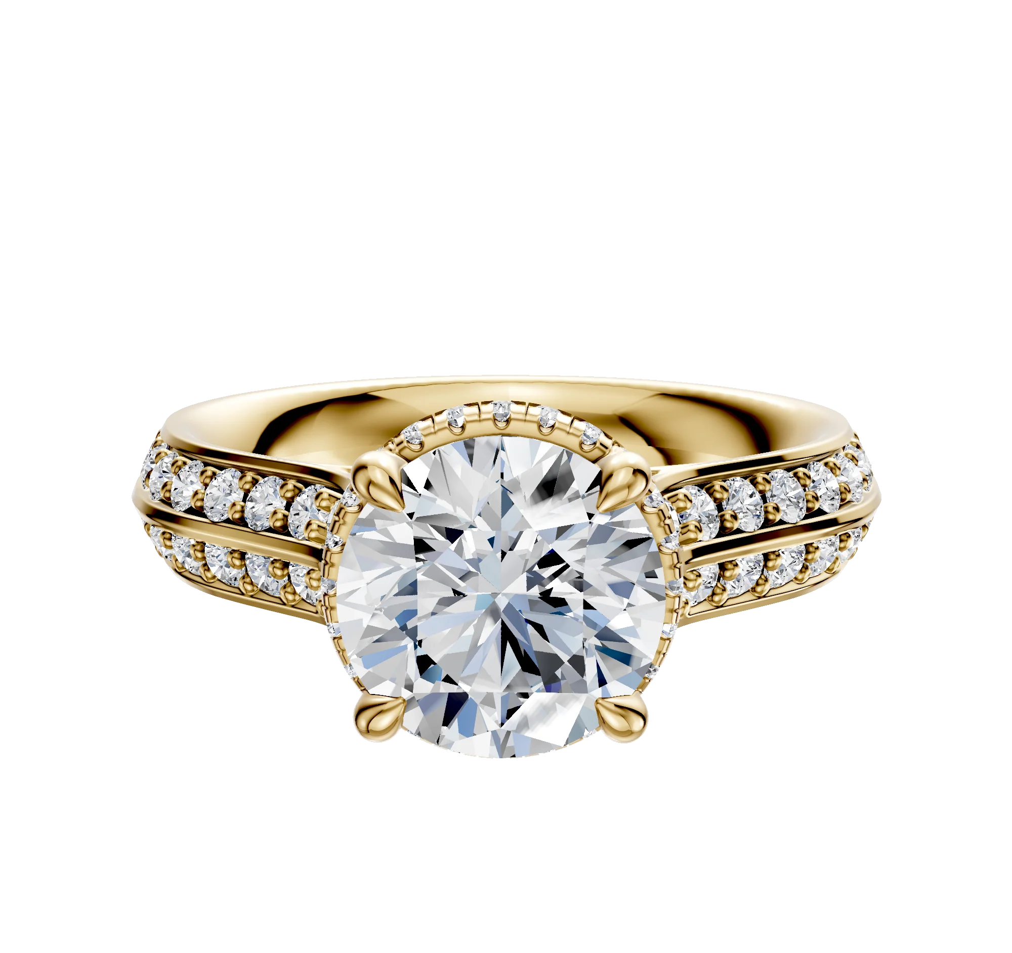 14K Yellow Gold 4 Prong Collar Cathedral Knife Edge 1-Row-Pave 2.5mm Engagement Ring