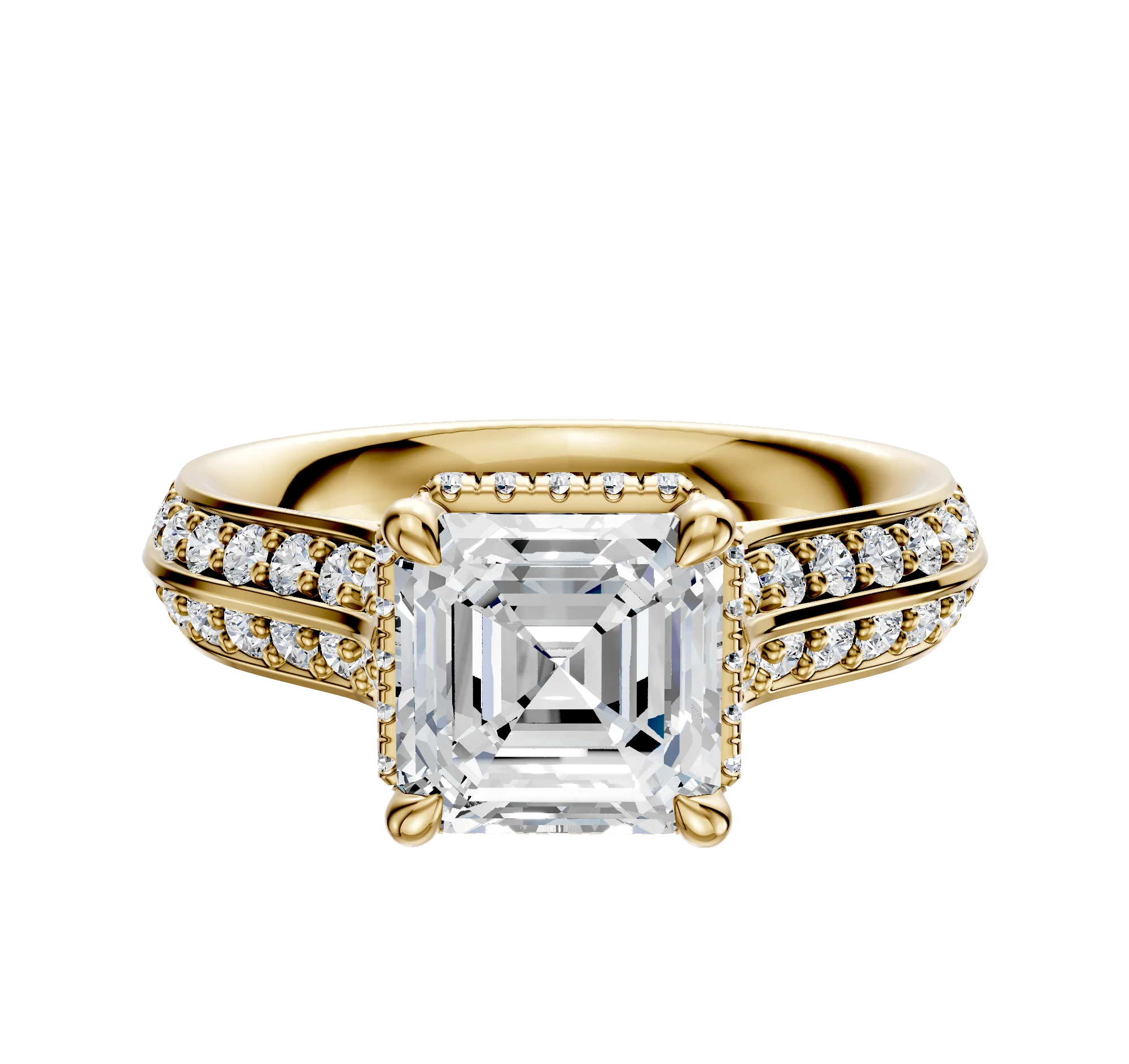 14K Yellow Gold 4 Prong Collar Cathedral Knife Edge 1-Row-Pave 2.5mm Engagement Ring