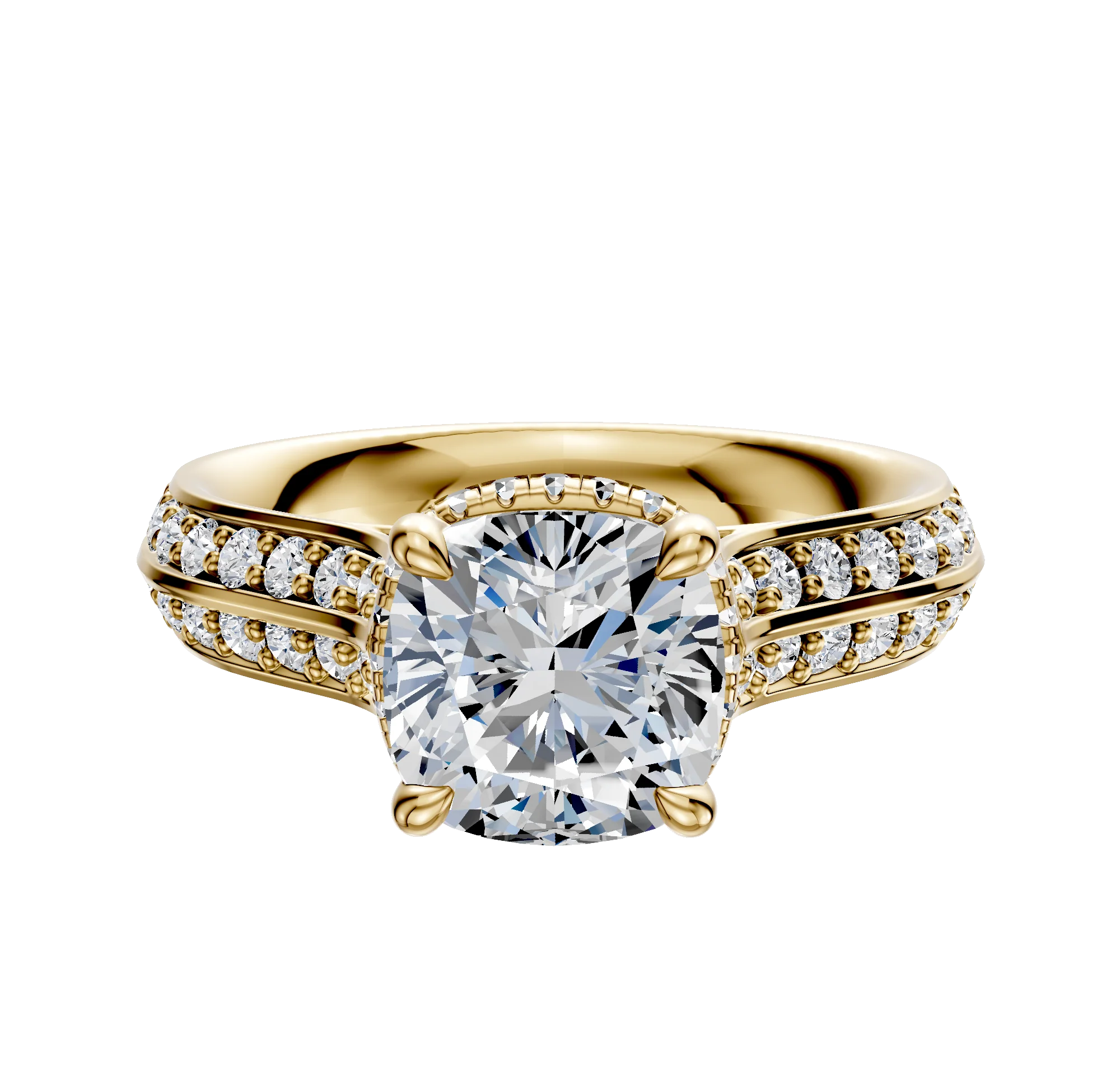 14K Yellow Gold 4 Prong Collar Cathedral Knife Edge 1-Row-Pave 2.5mm Engagement Ring