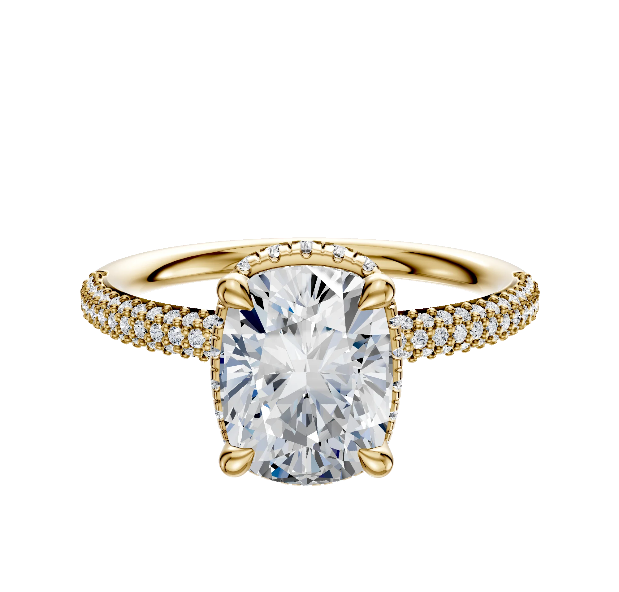 14K Yellow Gold 4 Prong Collar Classic Dome 3-Row-Pave 2.0mm Engagement Ring