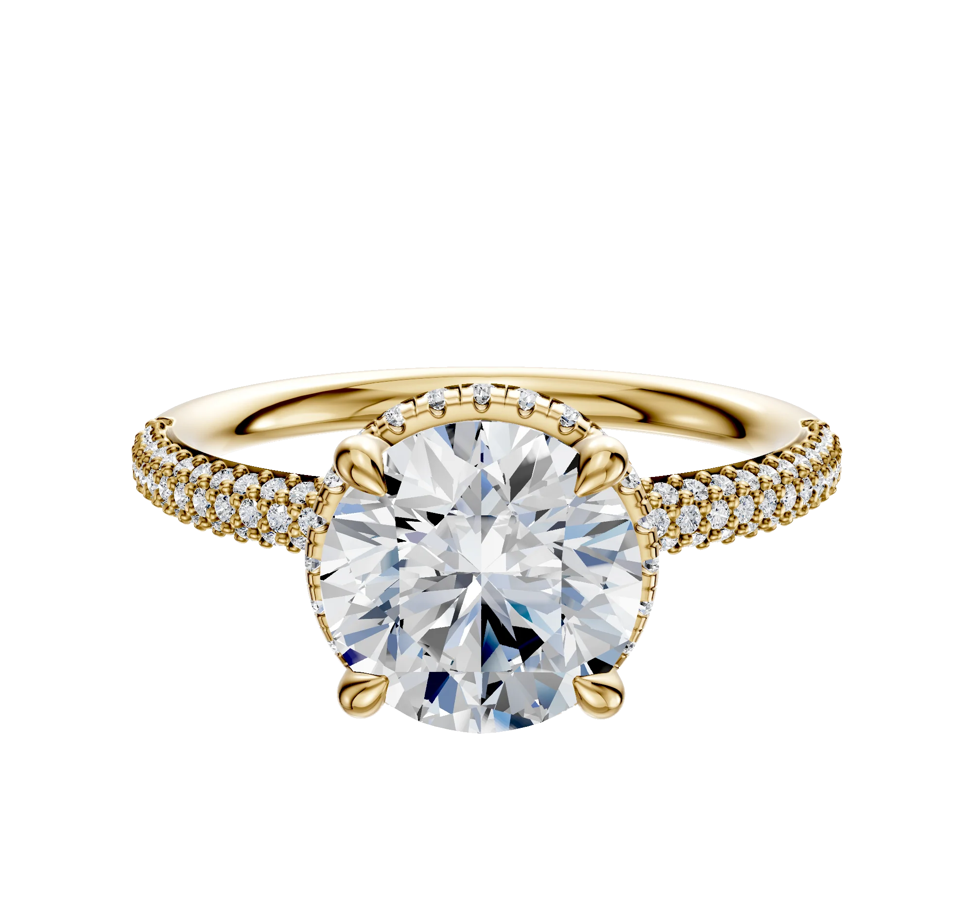 14K Yellow Gold 4 Prong Collar Classic Dome 3-Row-Pave 2.0mm Engagement Ring