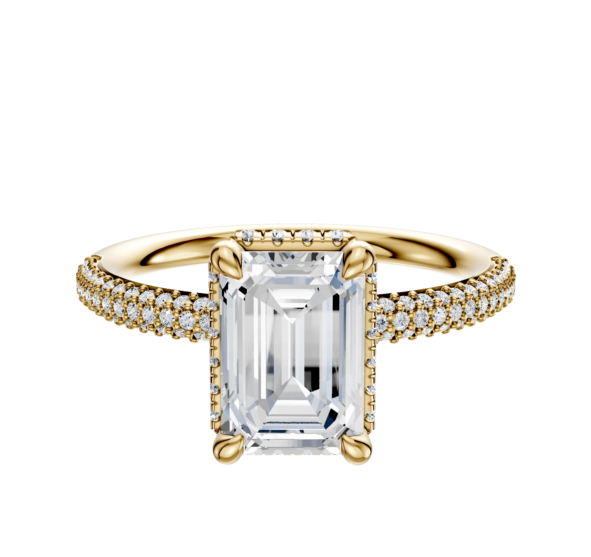 14K Yellow Gold 4 Prong Collar Classic Dome 3-Row-Pave 2.0mm Engagement Ring