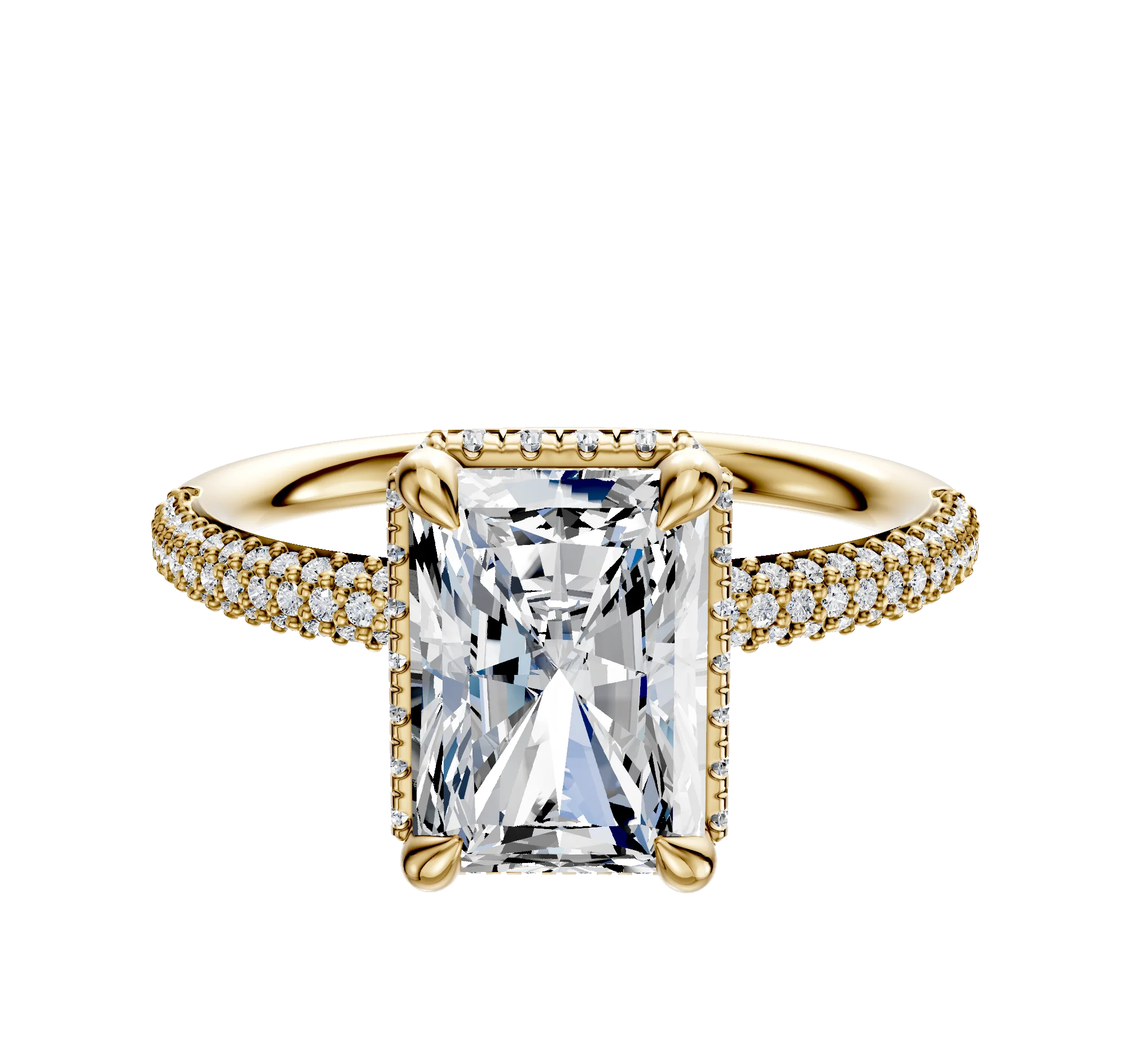 14K Yellow Gold 4 Prong Collar Classic Dome 3-Row-Pave 2.0mm Engagement Ring