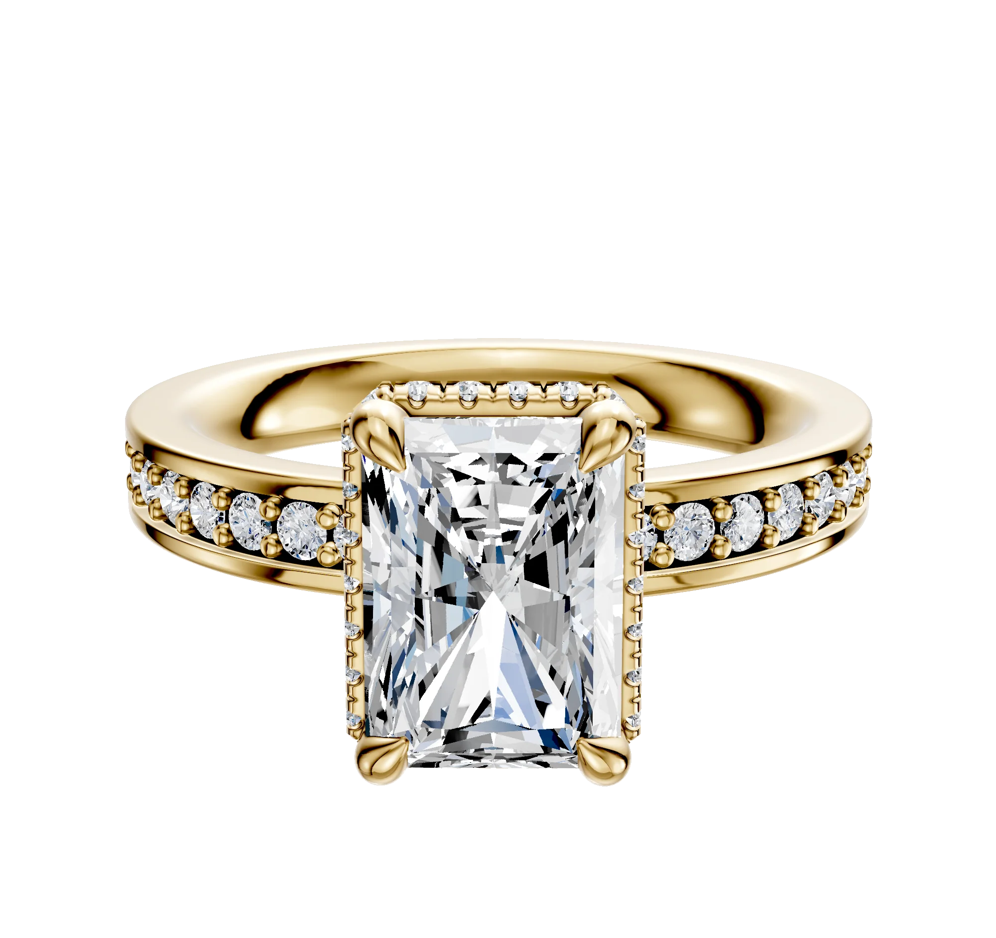 14K Yellow Gold 4 Prong Collar Classic Flat 1-Row-Pave 2.5mm Engagement Ring