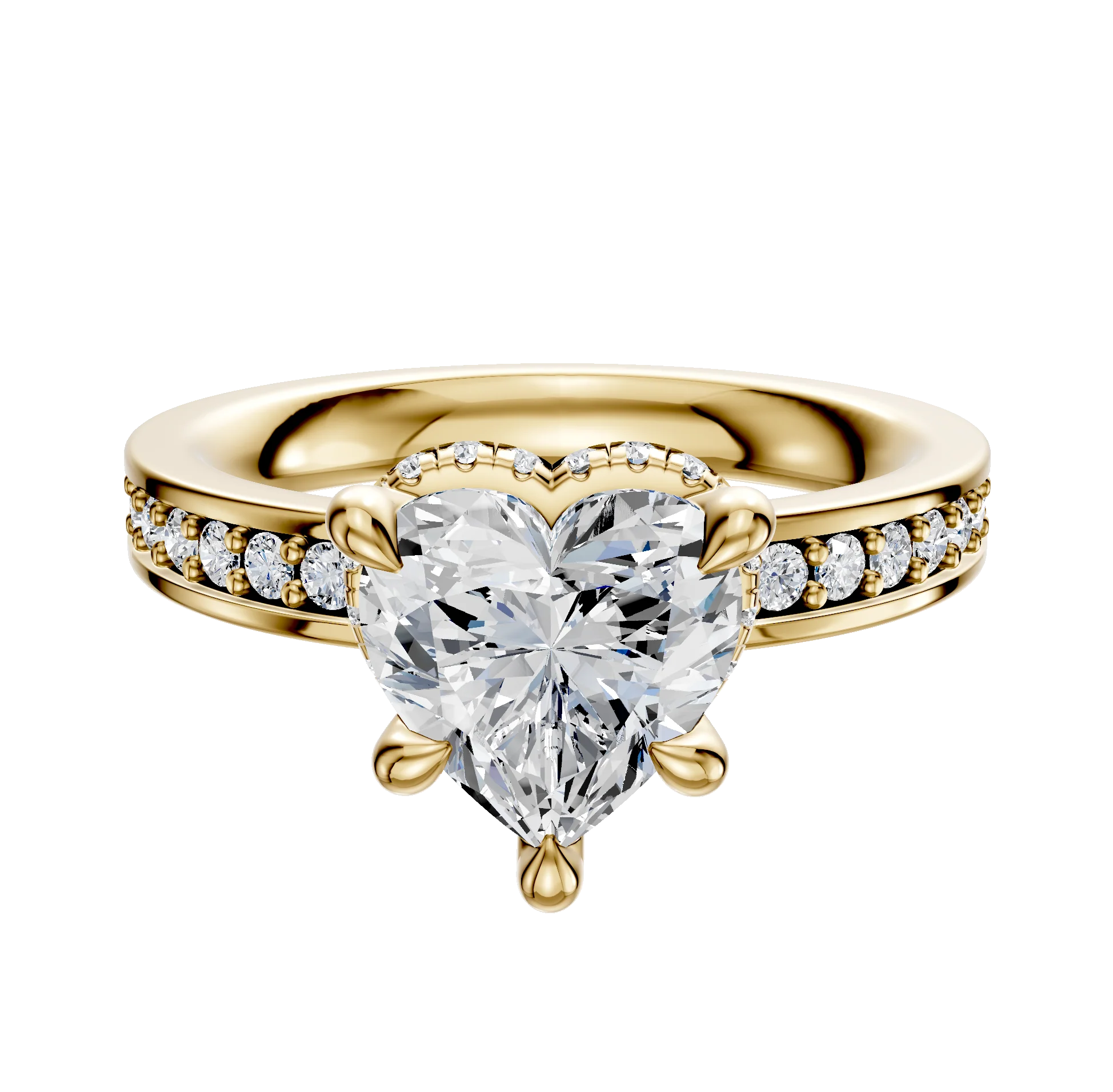 14K Yellow Gold 4 Prong Collar Classic Flat 1-Row-Pave 2.5mm Engagement Ring