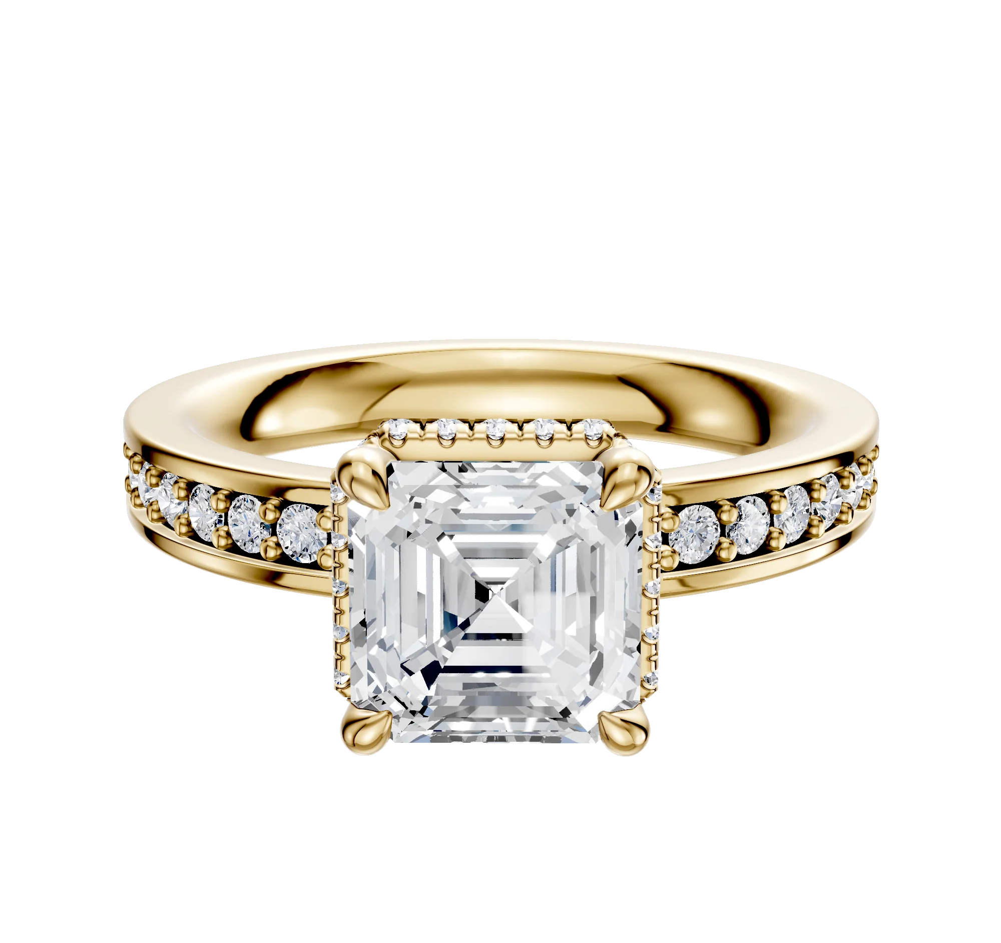 14K Yellow Gold 4 Prong Collar Classic Flat 1-Row-Pave 2.5mm Engagement Ring