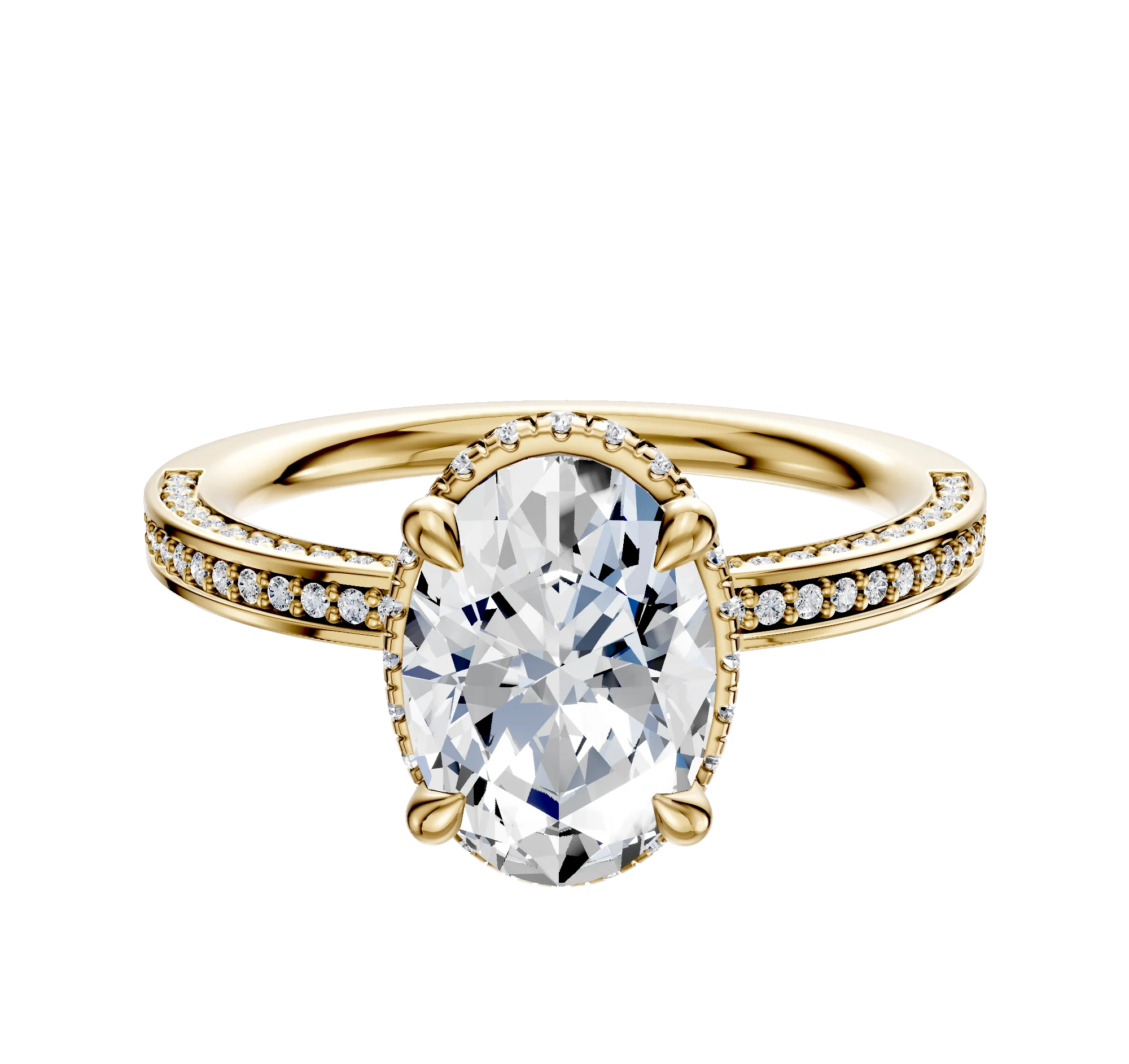 14K Yellow Gold 4 Prong Collar Classic Flat 3-Row-Pave 2.0mm Engagement Ring