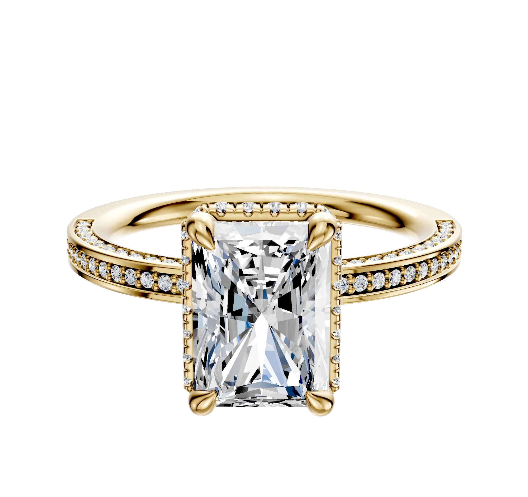 14K Yellow Gold 4 Prong Collar Classic Flat 3-Row-Pave 2.0mm Engagement Ring