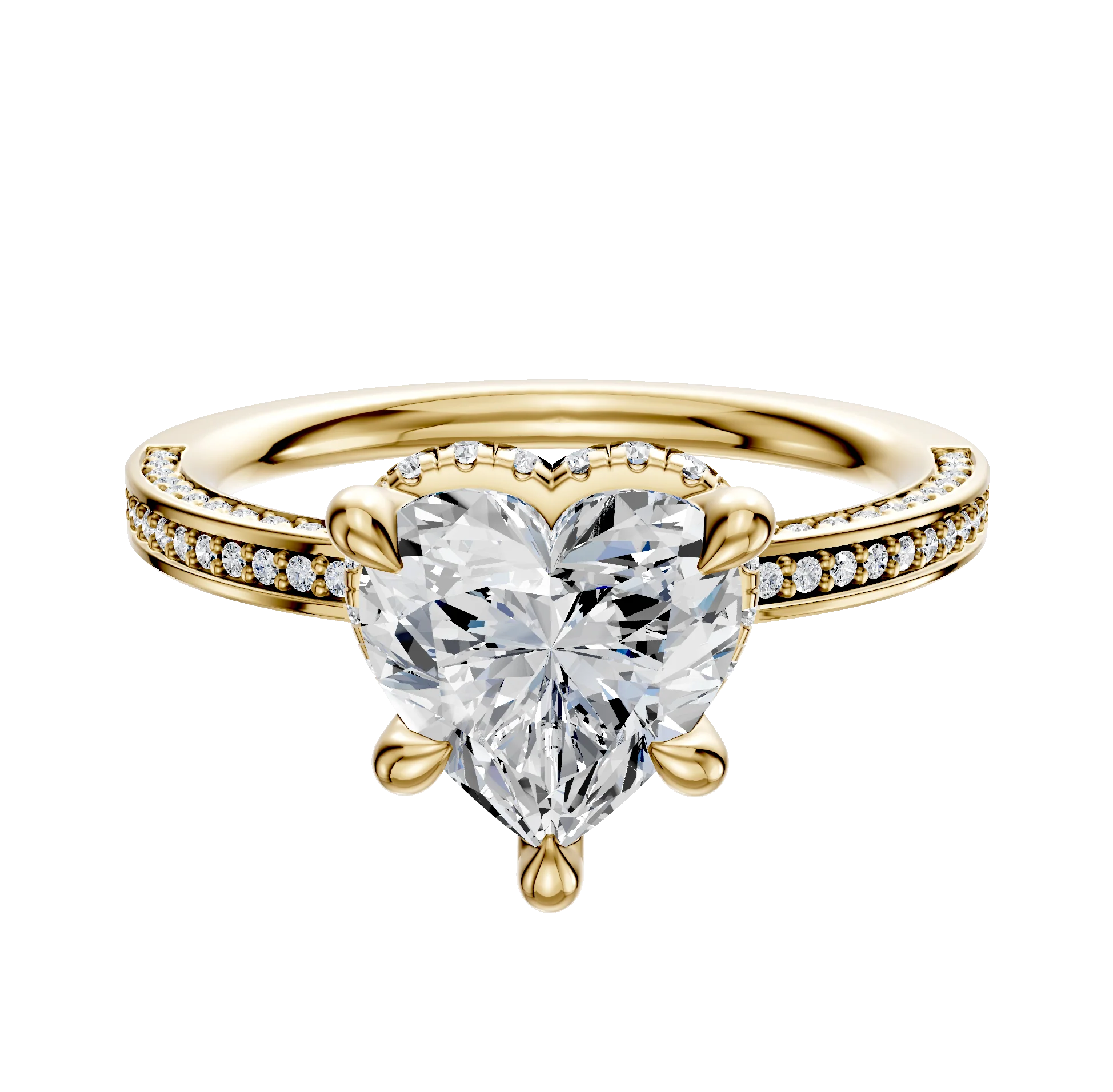 14K Yellow Gold 4 Prong Collar Classic Flat 3-Row-Pave 2.0mm Engagement Ring