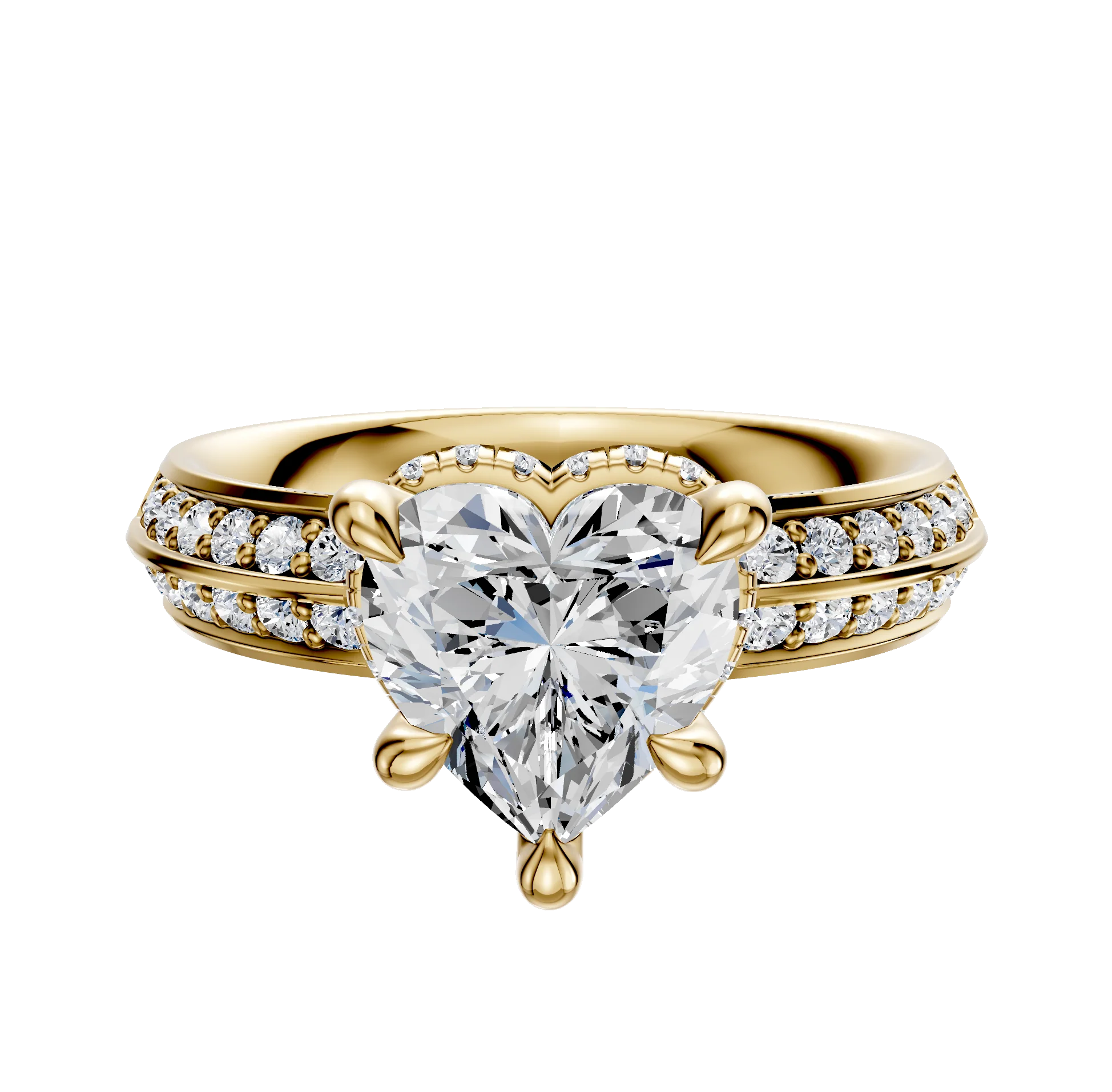 14K Yellow Gold 4 Prong Collar Classic Knife Edge 1-Row-Pave 2.5mm Engagement Ring
